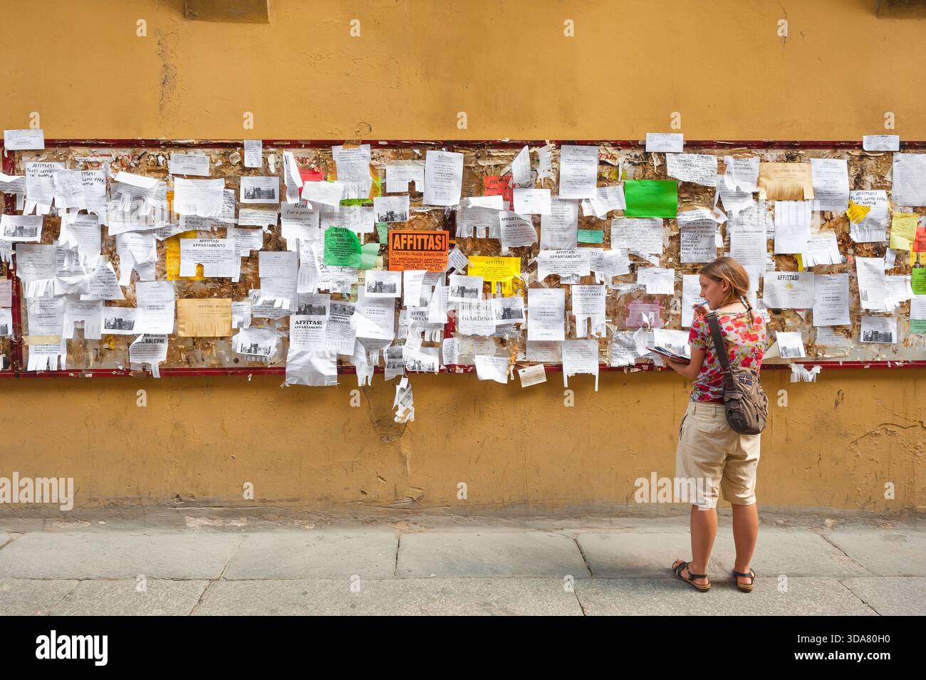 Studentessa dell'Università europea, vista posteriore di una giovane studentessa che controlla gli avvisi di alloggio fissati a un muro in una città universitaria italiana. Foto Stock