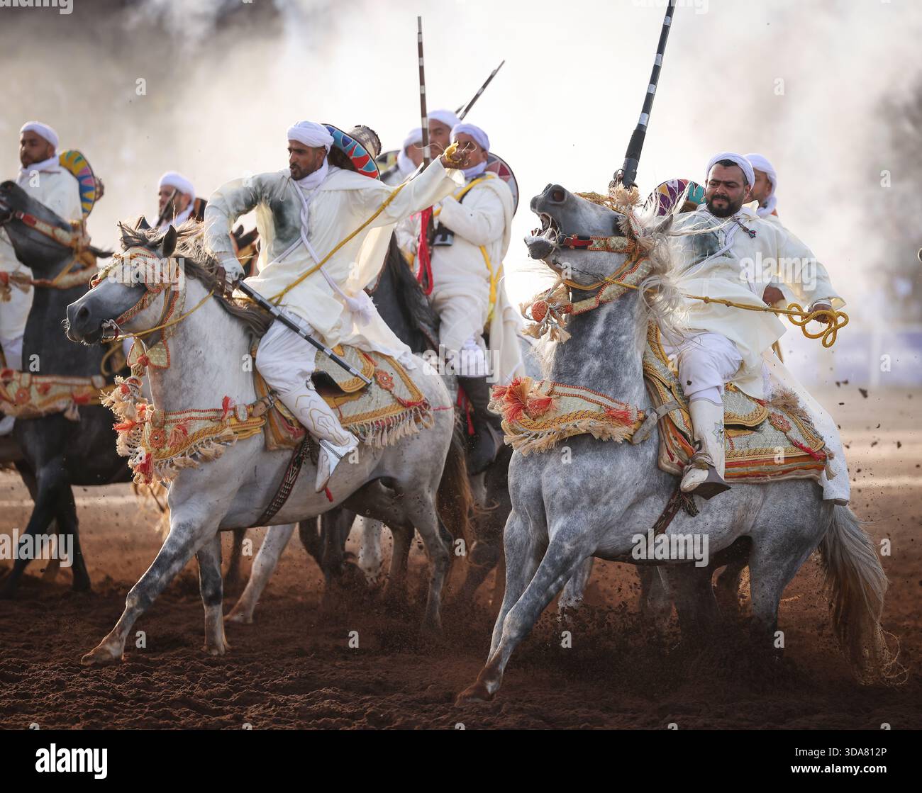 Una raffica di fuoco e ritmo. La Fantasia marocchina rivive la storia con lo spettacolo del Tbourida.captures, lo spirito e la grandiosità della tradizione marocchina Foto Stock