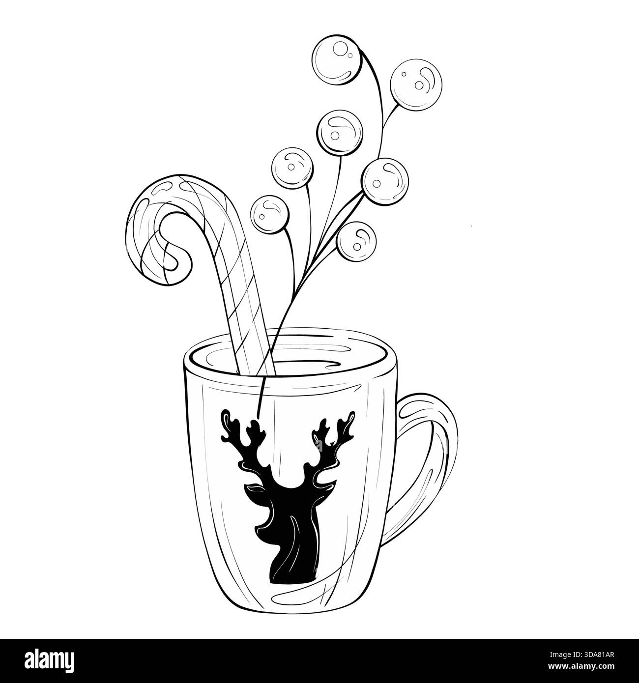Tazza con Candy cane e frutti di bosco decorazioni invernali dal design semplice in bianco e nero per gli elementi delle feste domestiche per le illustrazioni creative delle festività natalizie Illustrazione Vettoriale
