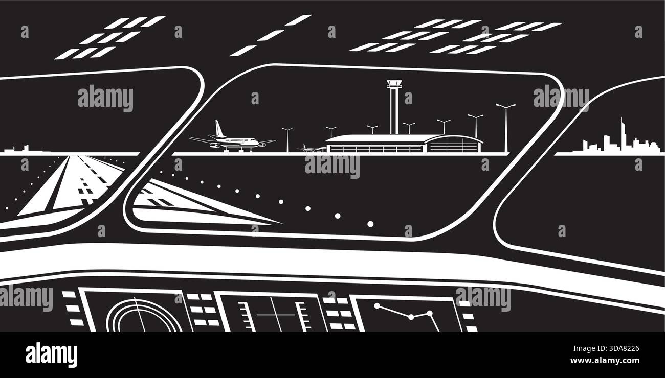 Vista dell'aeroporto dalla cabina di pilotaggio dell'aereo di atterraggio di notte - illustrazione vettoriale Illustrazione Vettoriale