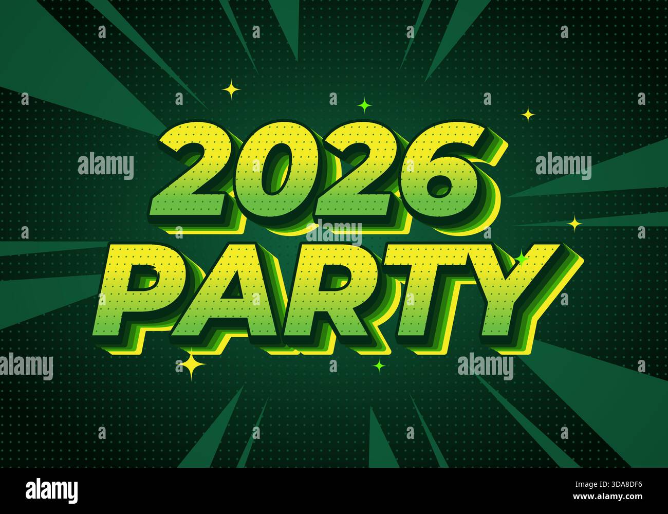 Un vivace design grafico con testo 2026 PARTY in grassetto, lettere verdi con sfondo stellato. Illustrazione Vettoriale