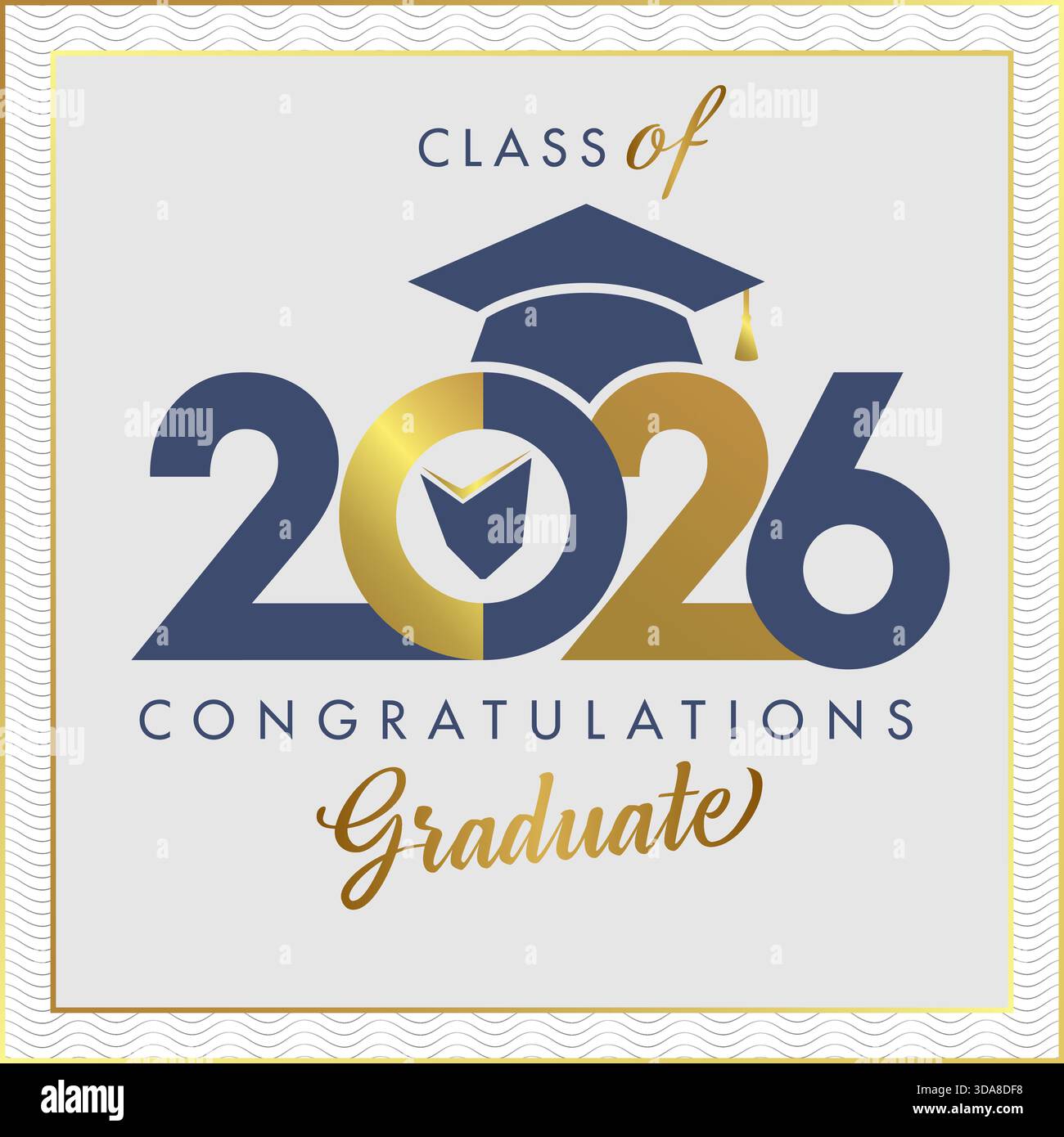 Classe 2026 Congratulazioni progetto certificato di laurea. Elementi dorati e linee ondulate Illustrazione Vettoriale