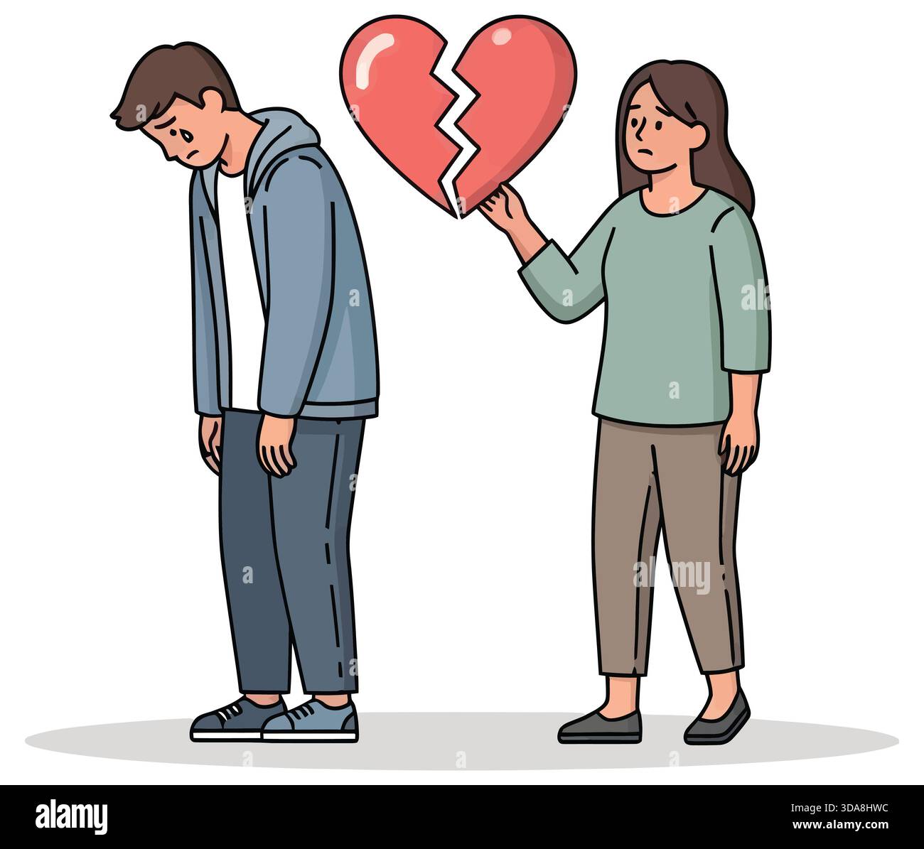 Una coppia triste che deve affrontare la rottura e la rottura del cuore con conflitti emotivi e problemi di relazione isolati Illustrazione Vettoriale