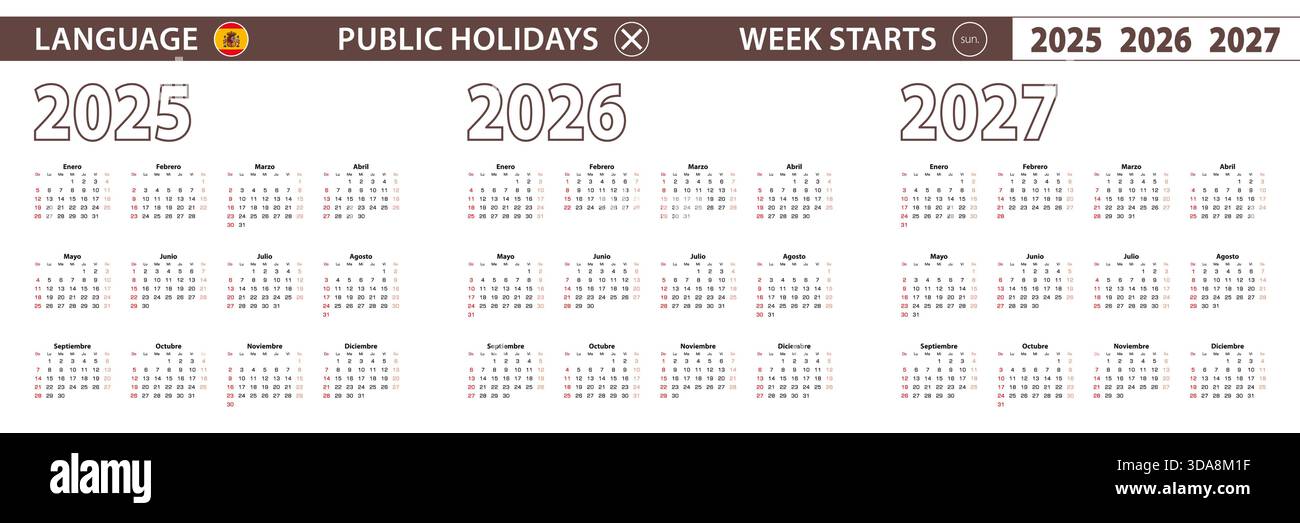 2025, 2026, 2027 anni di calendario vettoriale in lingua spagnola, la settimana inizia domenica. Calendario vettoriale. Illustrazione Vettoriale