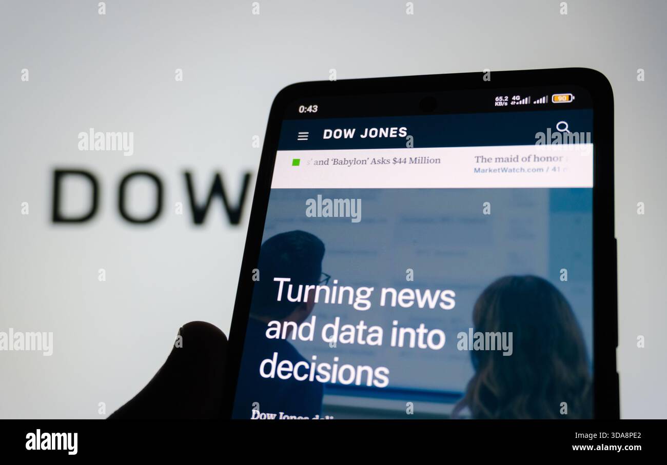 Dow Jones. Concetto di mercato azionario e investimento. È stata scattata una foto editoriale: Baku, Azerbaigian. 09.12.2025. Foto Stock