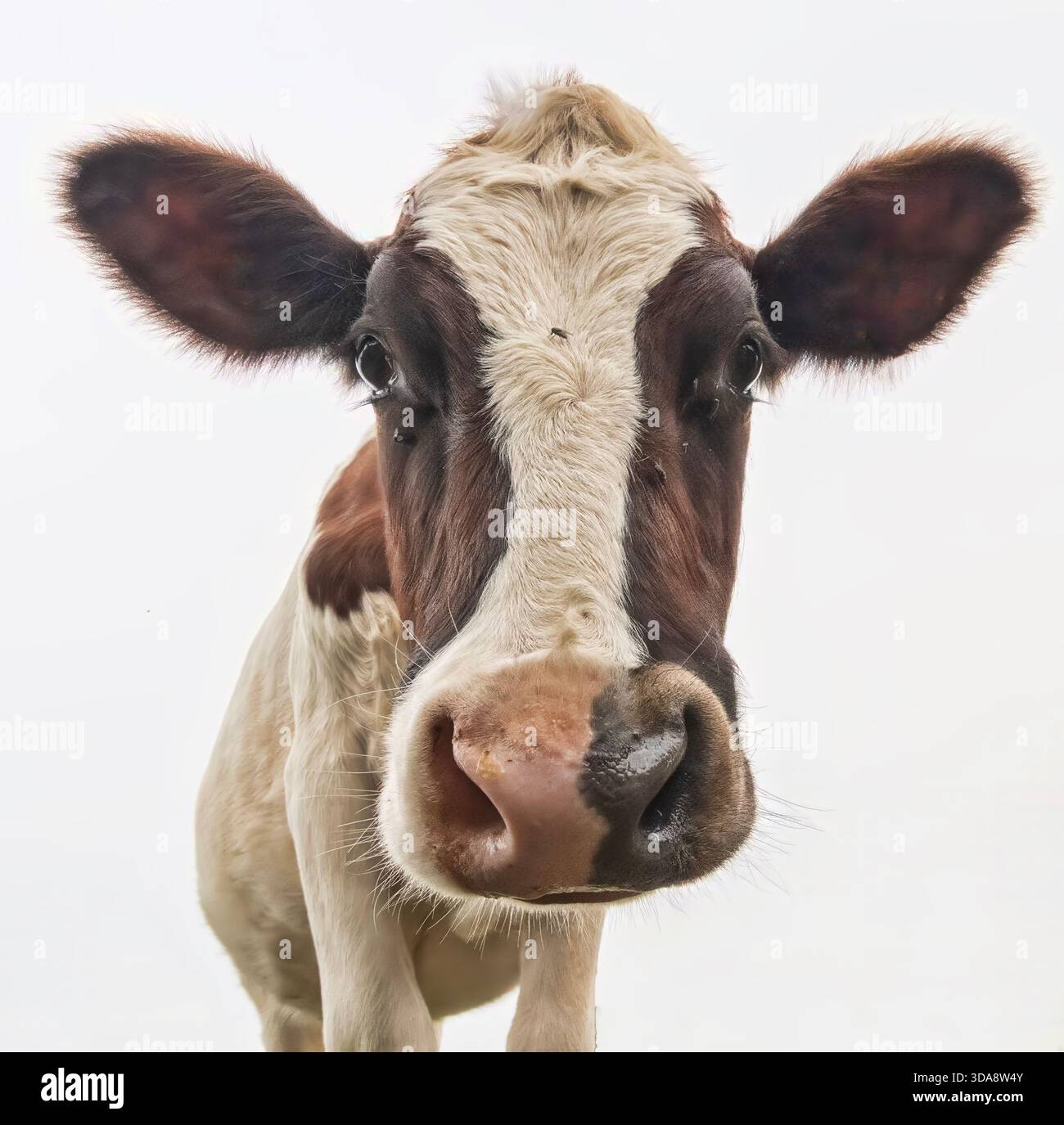 Curioso ritratto della mucca (Bos taurus) da un angolo basso contro un cielo coperto luminoso, primo piano grandangolare che mette in risalto occhi, orecchie e naso. Foto Stock