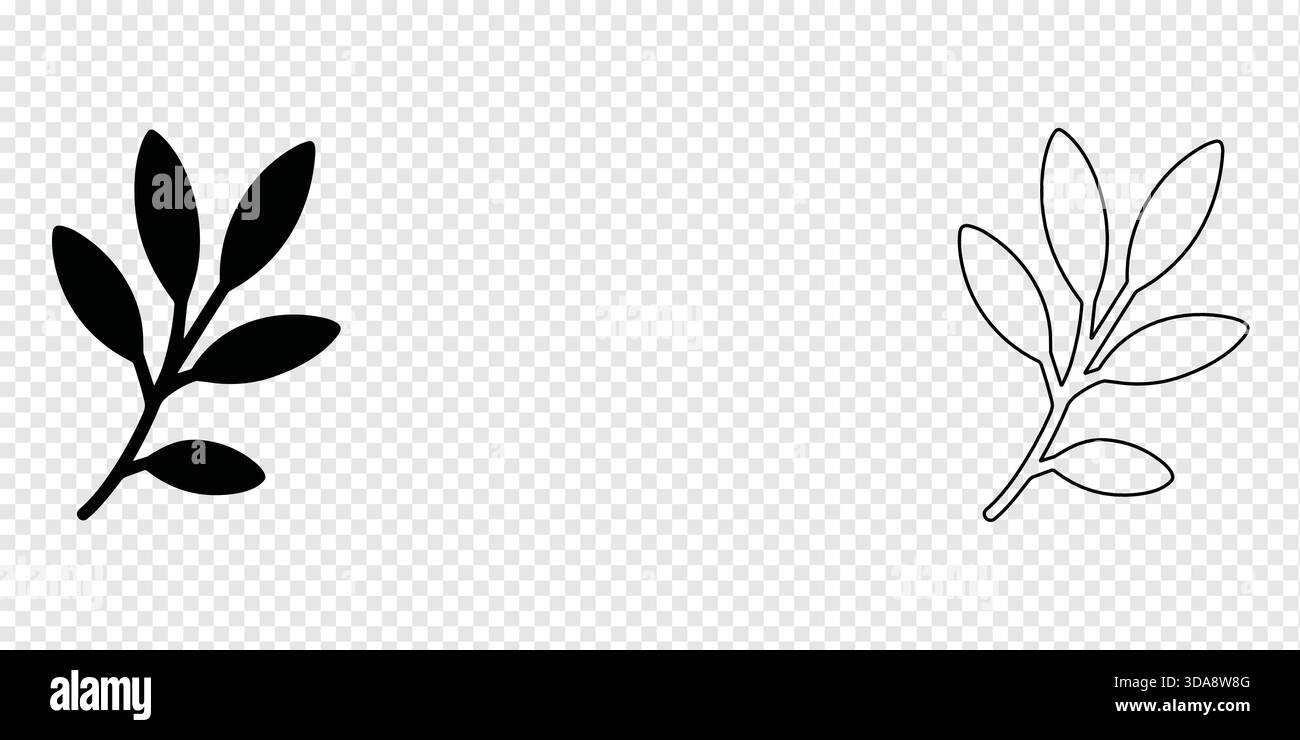 Ramo a foglia, solido e sagoma, illustrazione botanica minimalista con 5 foglie allungate su sfondo trasparente. Illustrazione Vettoriale