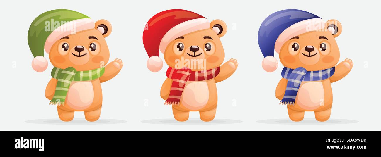 Set simpatici personaggi dell'orsacchiotto Christmas Hat sciarpa Mittens Collection. Illustrazione Vettoriale