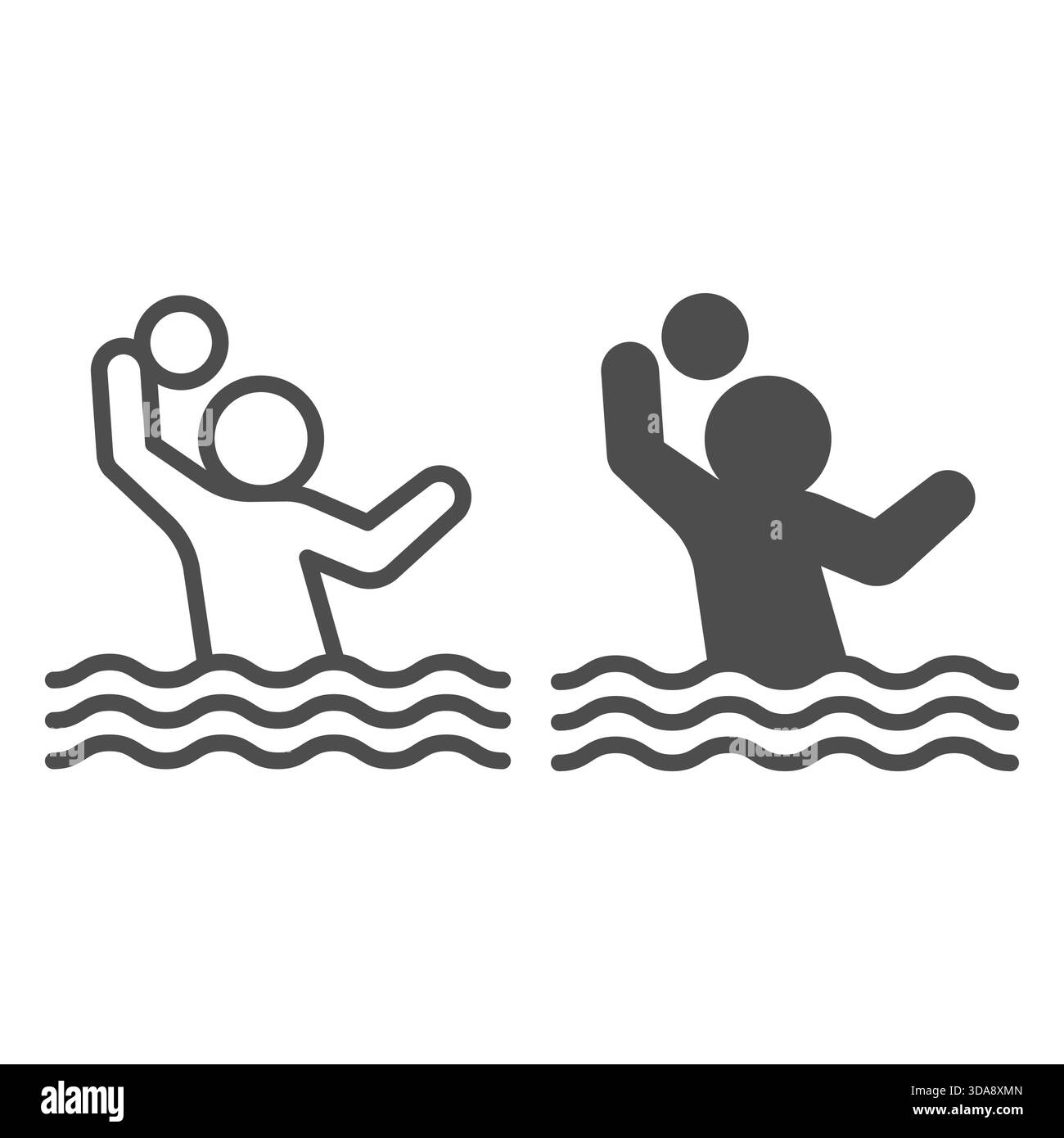 Uomo con palla sulla linea dell'acqua e icona solida, concetto di gioco di pallavolo. Grafica vettoriale. Il giocatore di pallavolo firma su sfondo bianco, contorno Ry Illustrazione Vettoriale