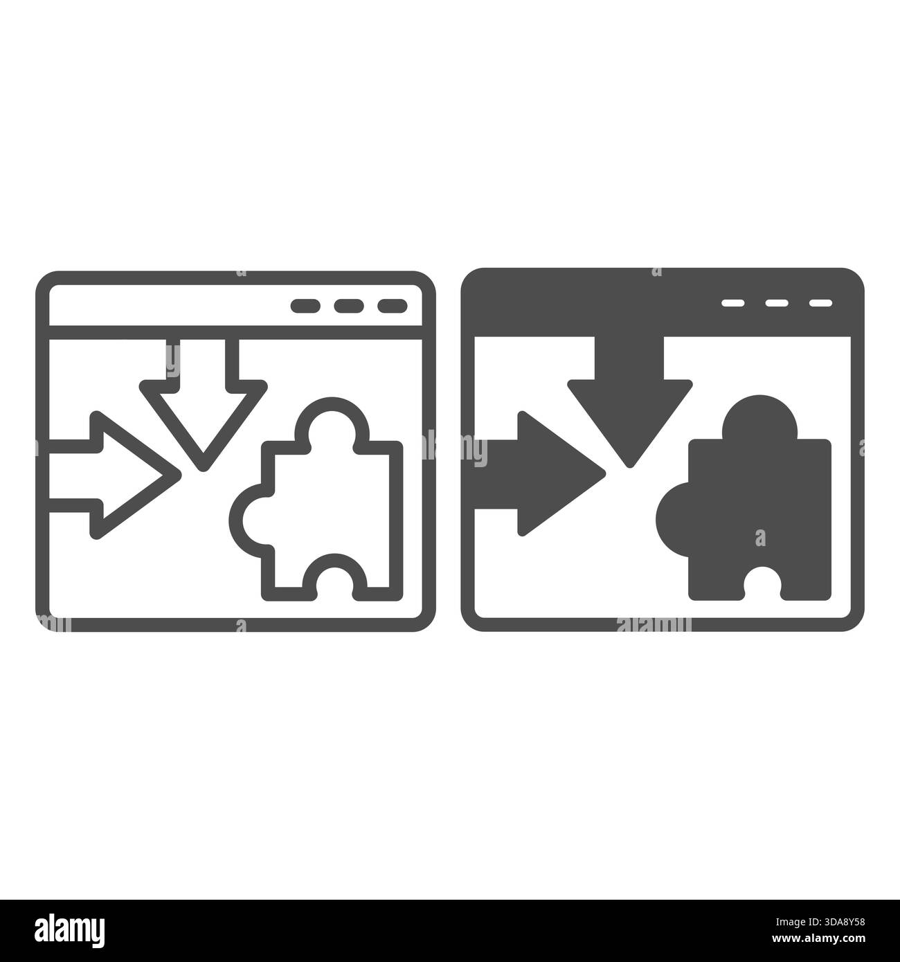 Sito Web con frecce e tessera del puzzle e icona continua, concetto di analisi osint. Grafica vettoriale. Esempio di plug-in del browser, accesso alla privacy su sfondo bianco Illustrazione Vettoriale