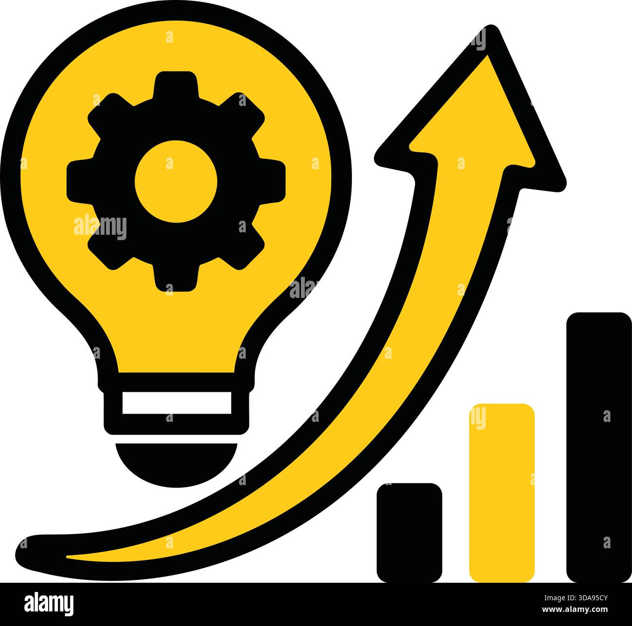 Un grafico concettuale che rappresenta innovazione, crescita e progresso. È dotato di una lampadina con un ingranaggio che simboleggia idee ed efficienza, Illustrazione Vettoriale