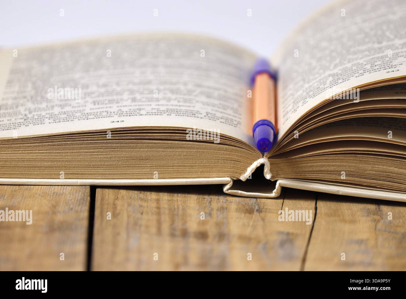 Immagine ravvicinata del dorso di un libro aperto con una penna da scrittura stesa sul libro. Foto Stock