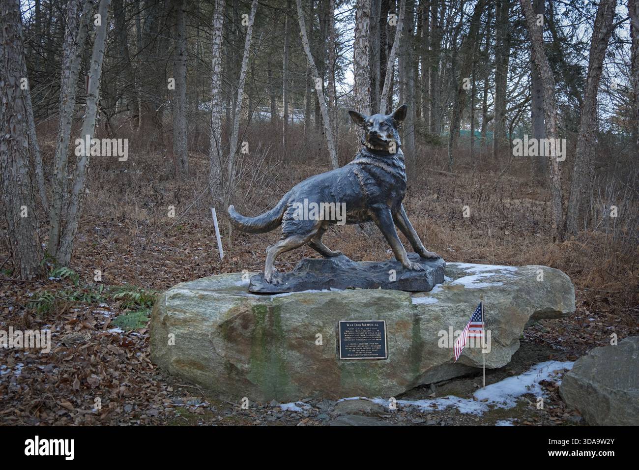 La scultura del War Dog Memorial sul Trail of Honor a Lasdon Park in onore dei cani e dei gestori che hanno servito insieme a militari e donne. A Katonah Foto Stock