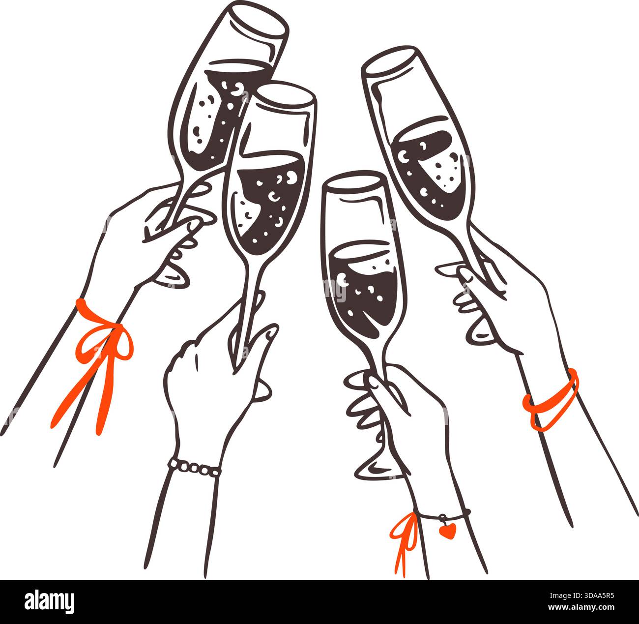 Una folla di persone che alzano la mano con bicchieri da champagne e brindisi. Buon anno, compleanno, addio al nubilato, Illustrazione Vettoriale