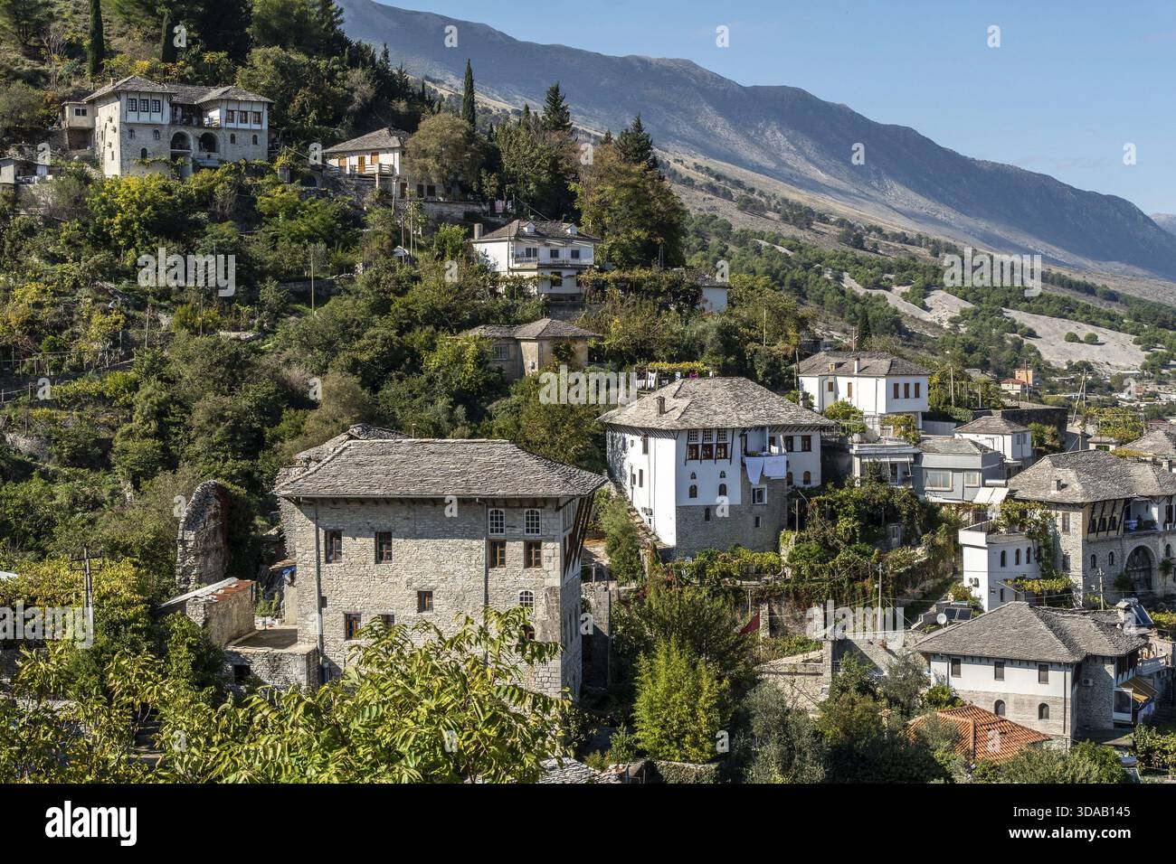Aree residenziali collinari e case tradizionali sopra Gjirokaster, distretto di Gjirokaster, Albania Foto Stock