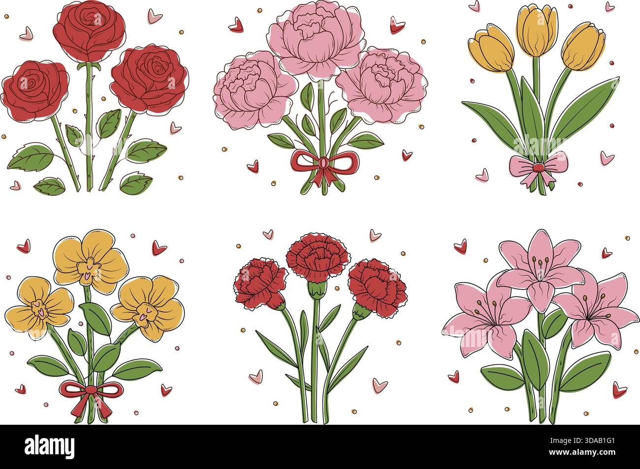 Mazzi di fiori colorati con contorni neri. Set vettoriale con gigli, peonie, tulipani, orchidee, rose e garofani. Gemme con foglie, clipart con Illustrazione Vettoriale
