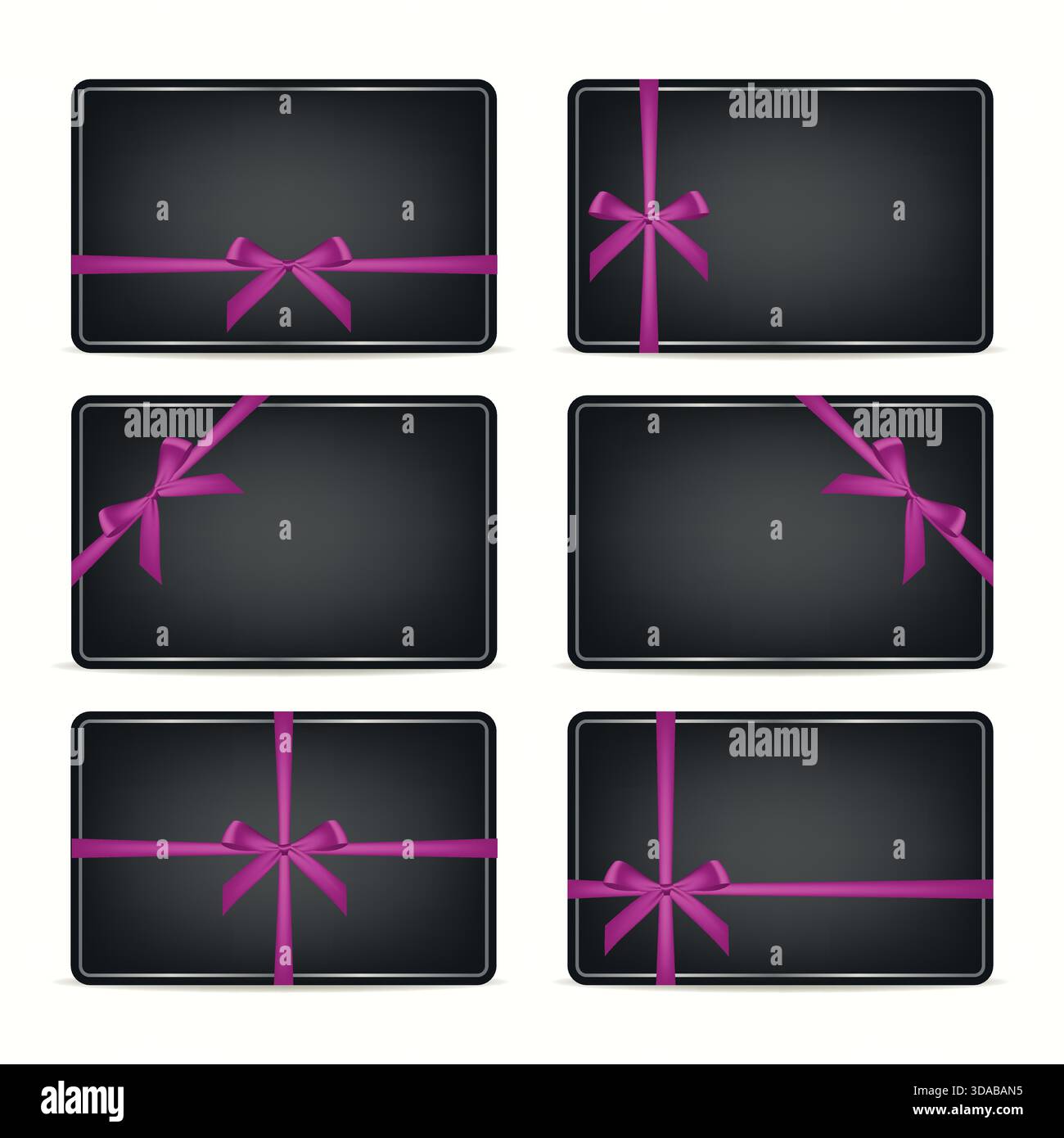 Buoni regalo neri con set di bocce a nastro rosa, isolati. Voucher di lusso, buono, fedeltà, modelli di carta sconto per festività, compleanno, matrimonio Illustrazione Vettoriale
