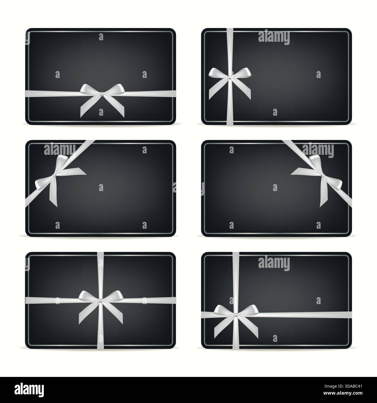 Carte regalo Vector Black con set Bows Silver Ribbon. Voucher di lusso, buono, fedeltà, modelli di carta sconto per festività, compleanno, matrimonio Illustrazione Vettoriale