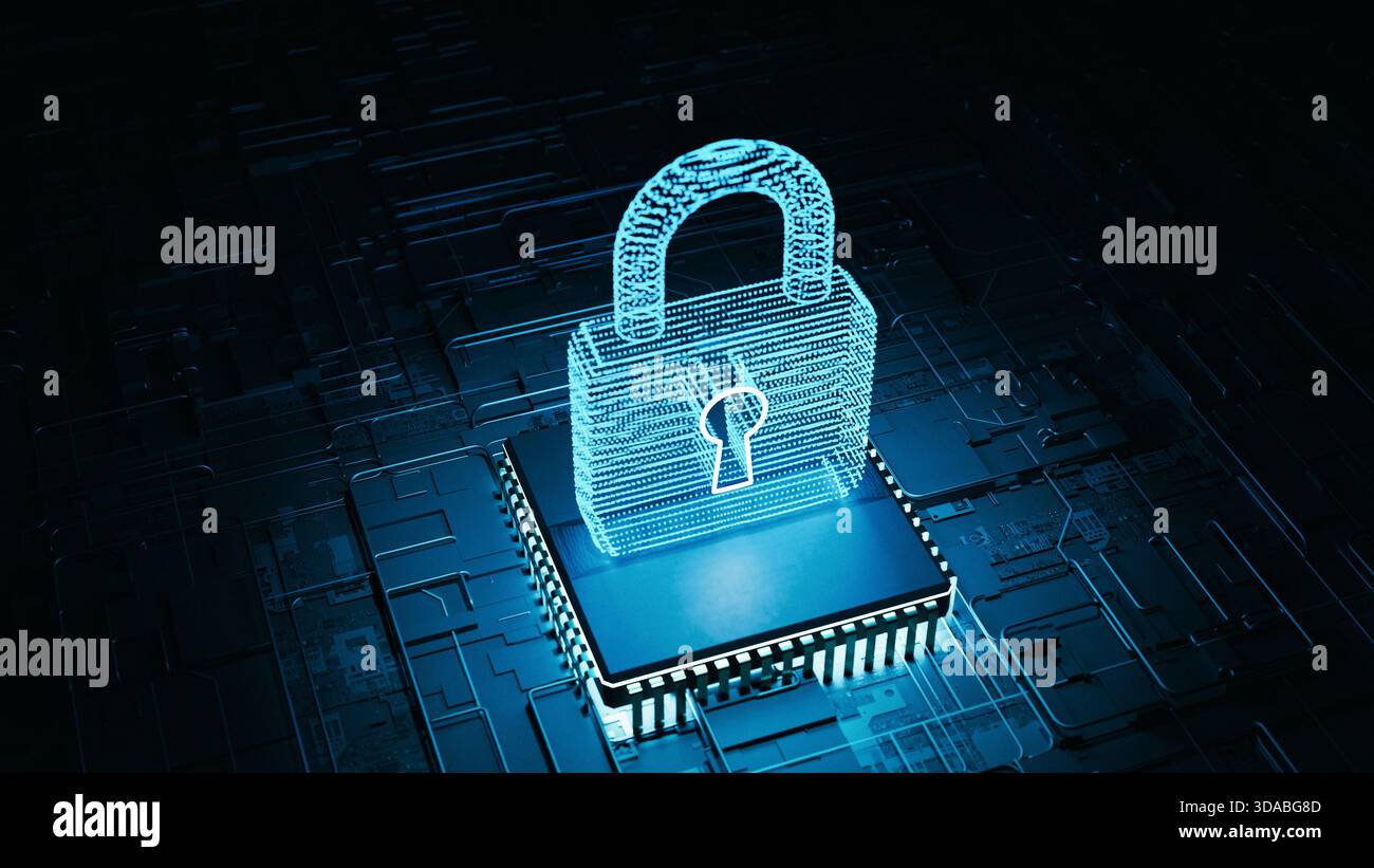 Processore CPU Microchip con lucchetto digitale brillante concetto di Cyber Security. rendering 3d. Foto Stock