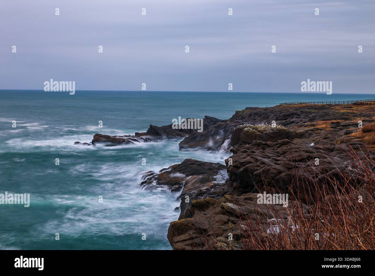 Onde che si infrangono contro un'aspra costa rocciosa sotto un cielo coperto lungo la costa dell'Oregon, Stati Uniti Foto Stock