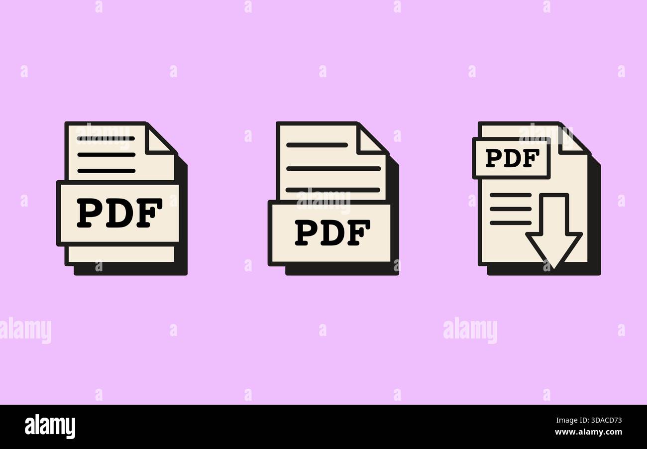 Icone dei file PDF con simbolo di download in stile Vaporwave retrò. Icone dei formati di documenti portatili per l'archiviazione, la gestione dei file e il digitale Illustrazione Vettoriale