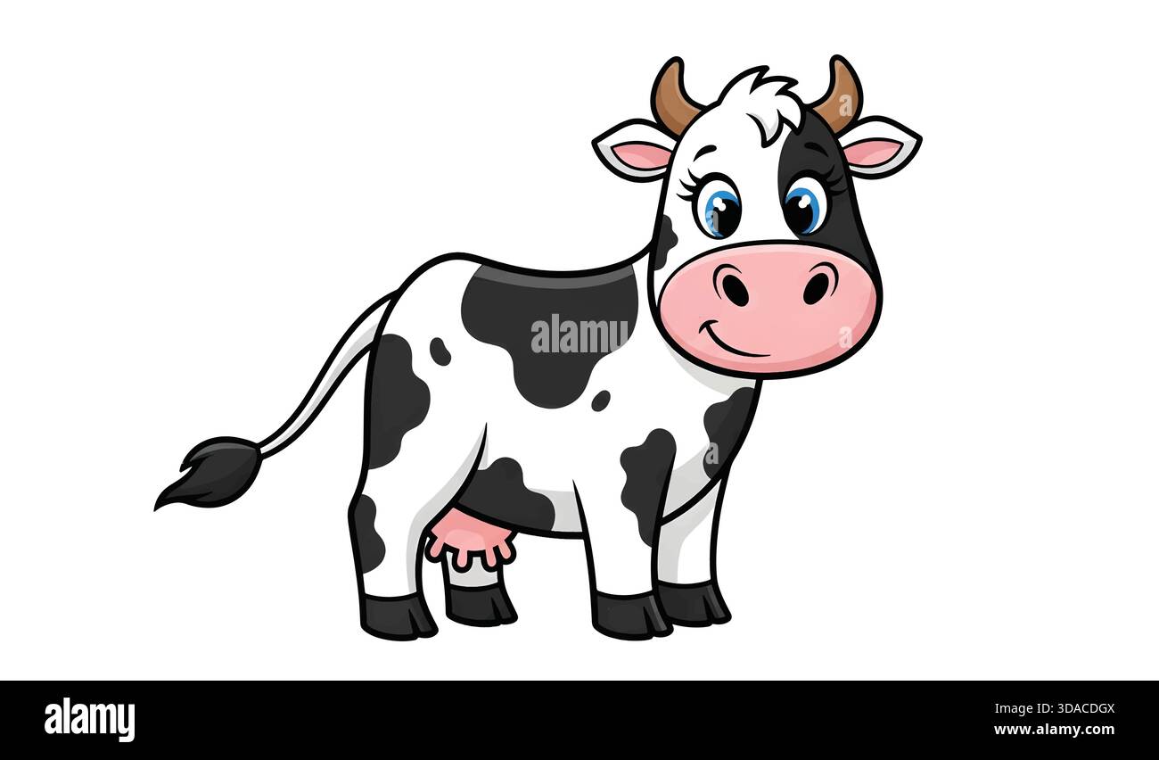 Illustrazione carina maculata in bianco e nero della mucca da latte - animali domestici amichevoli in piedi con mammelle su sfondo bianco Illustrazione Vettoriale