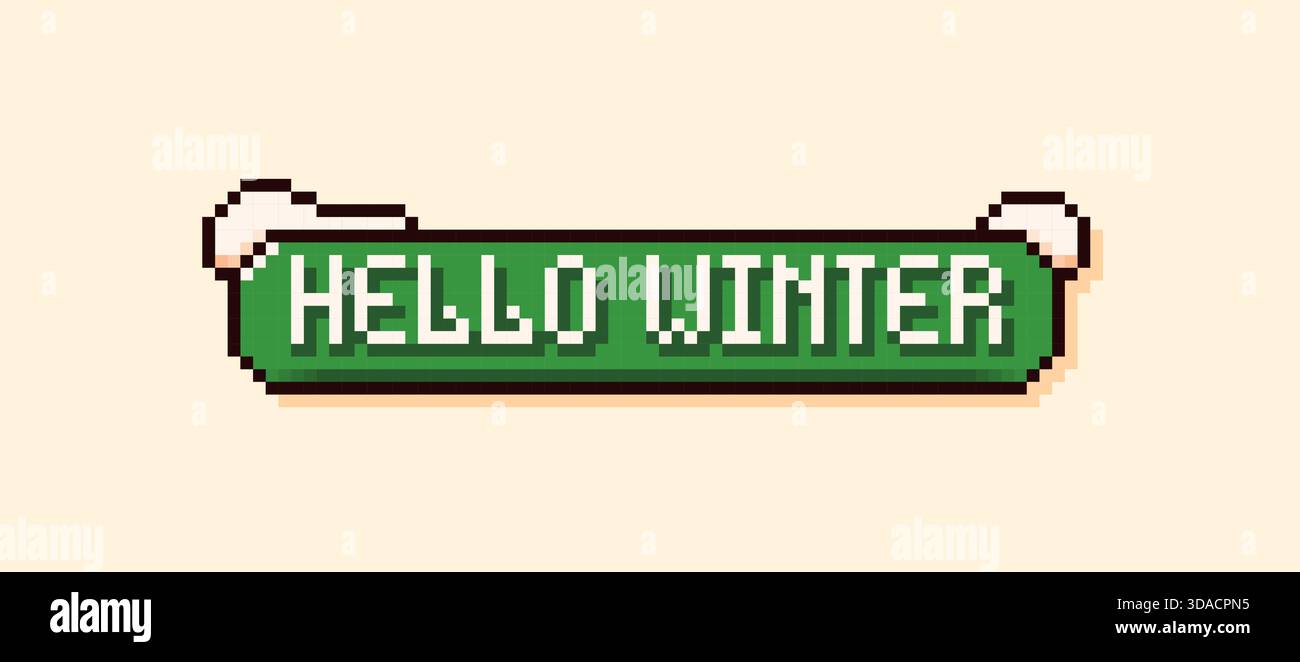 Fumetto natalizio con sfondo verde con la frase Hello Winter e le cime di neve. Illustrazione Vettoriale