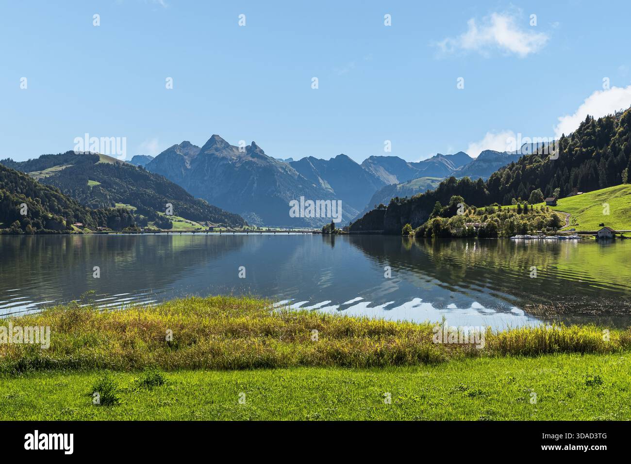 Lago Sihlsee, circondato da lussureggianti colline verdi e dalla maestosa catena montuosa del Fluebrig nelle Alpi svizzere vicino a Einsiedeln, Canton Svitto, Svizzera Foto Stock