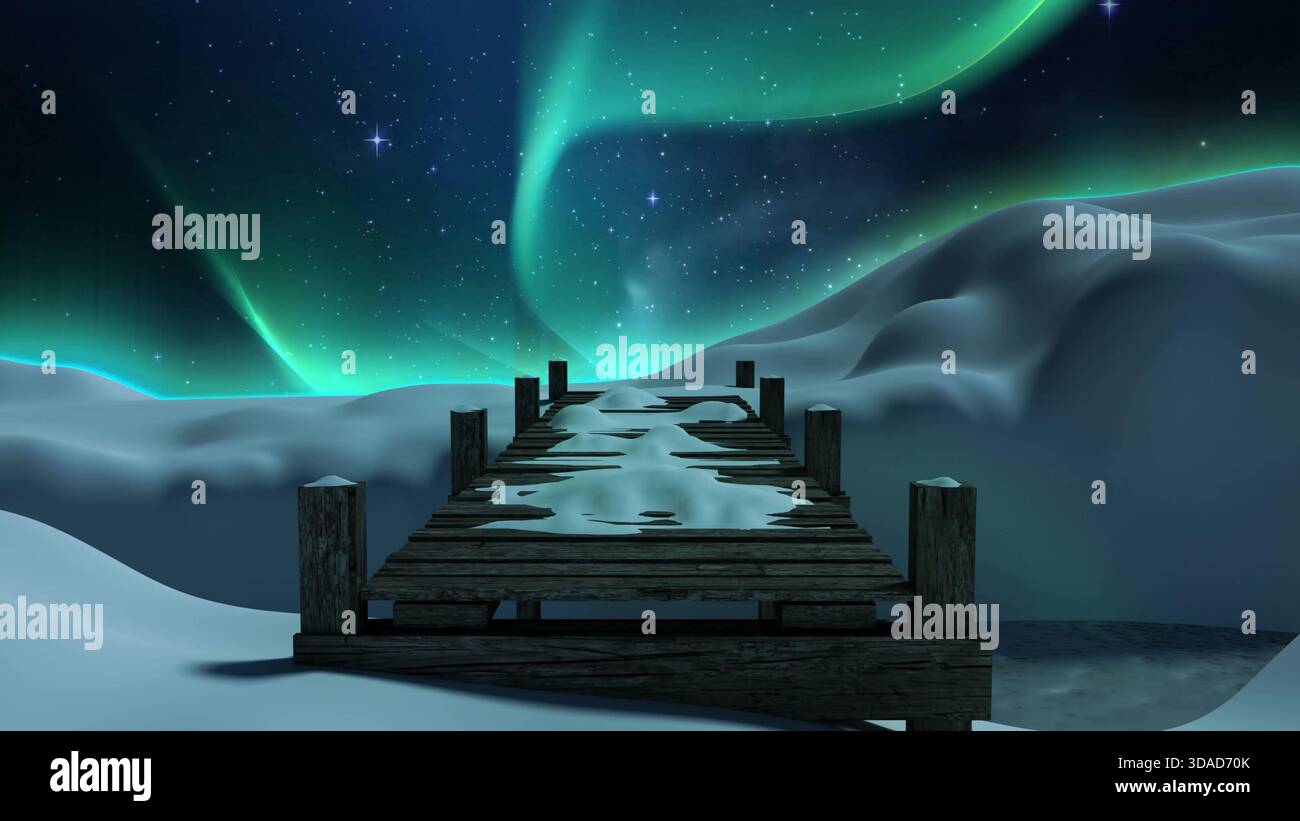 Il design piatto mostra un molo di legno rotto sopra i ciaspolamenti sotto l'aurora verde, tema di viaggio Foto Stock