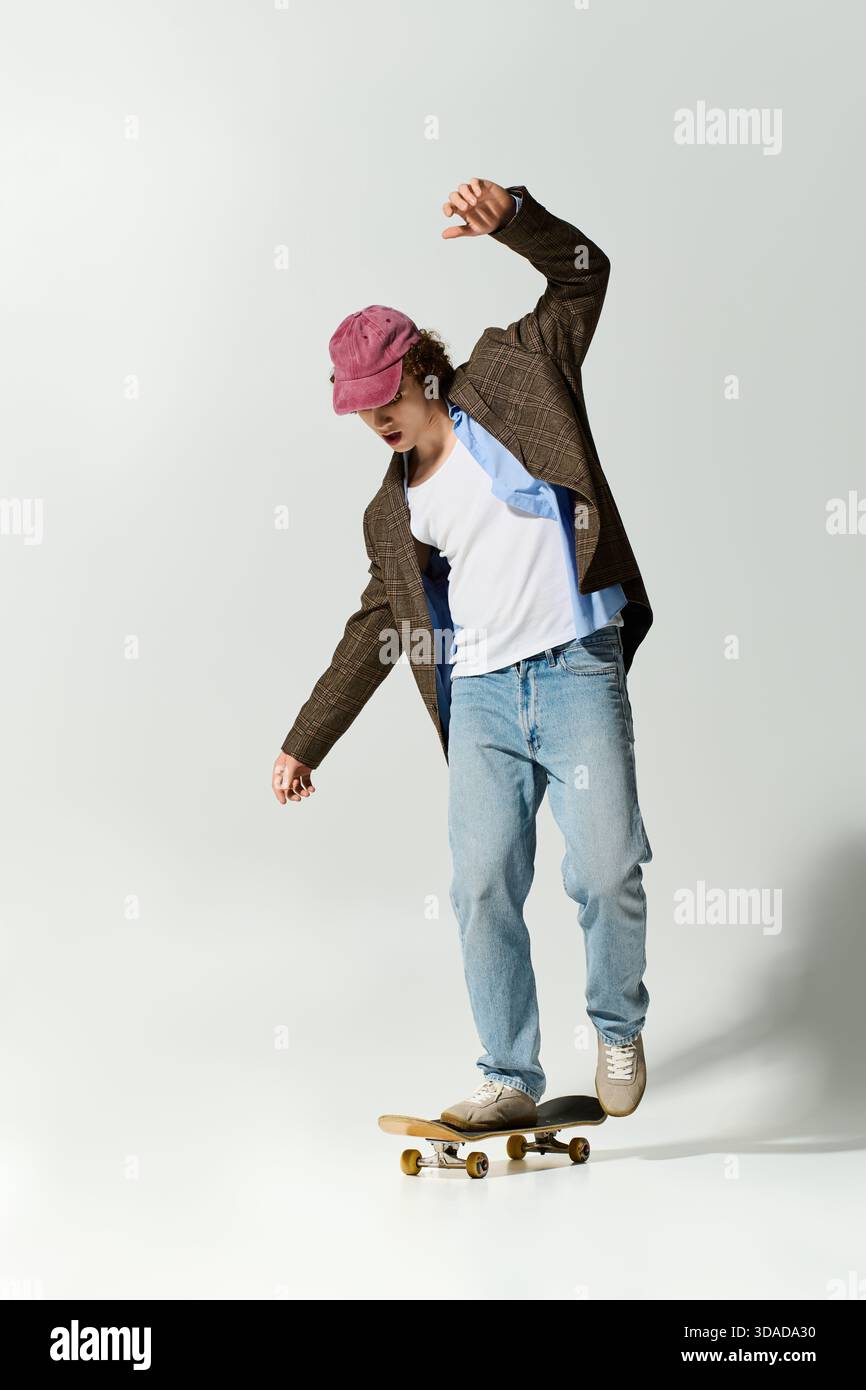 Un'elegante pattina per adolescenti, che unisce stile audace a uno sfondo semplice. Foto Stock