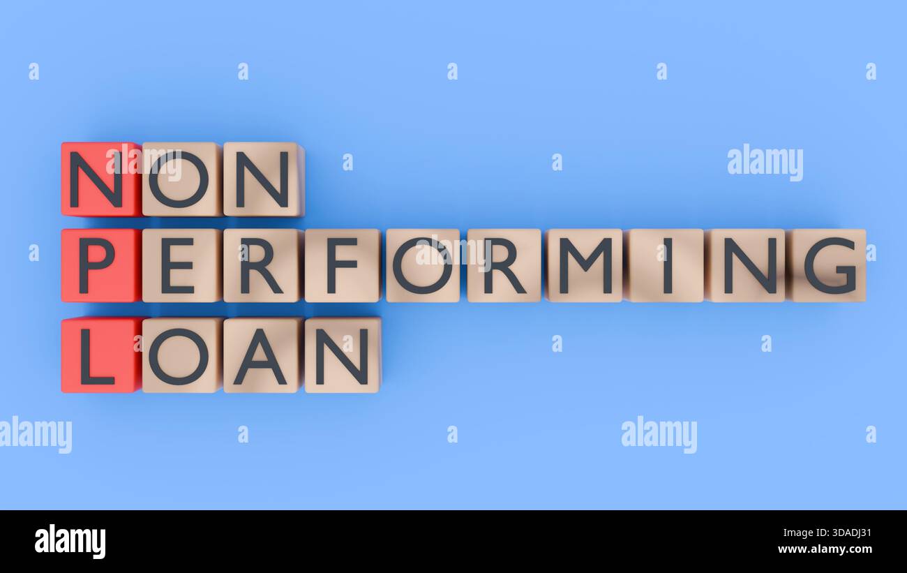Rendering in 3d di lettere a blocchi per indicare il termine finanziario "PRESTITO DETERIORATO" in un accordo di tipo crossword. Foto Stock