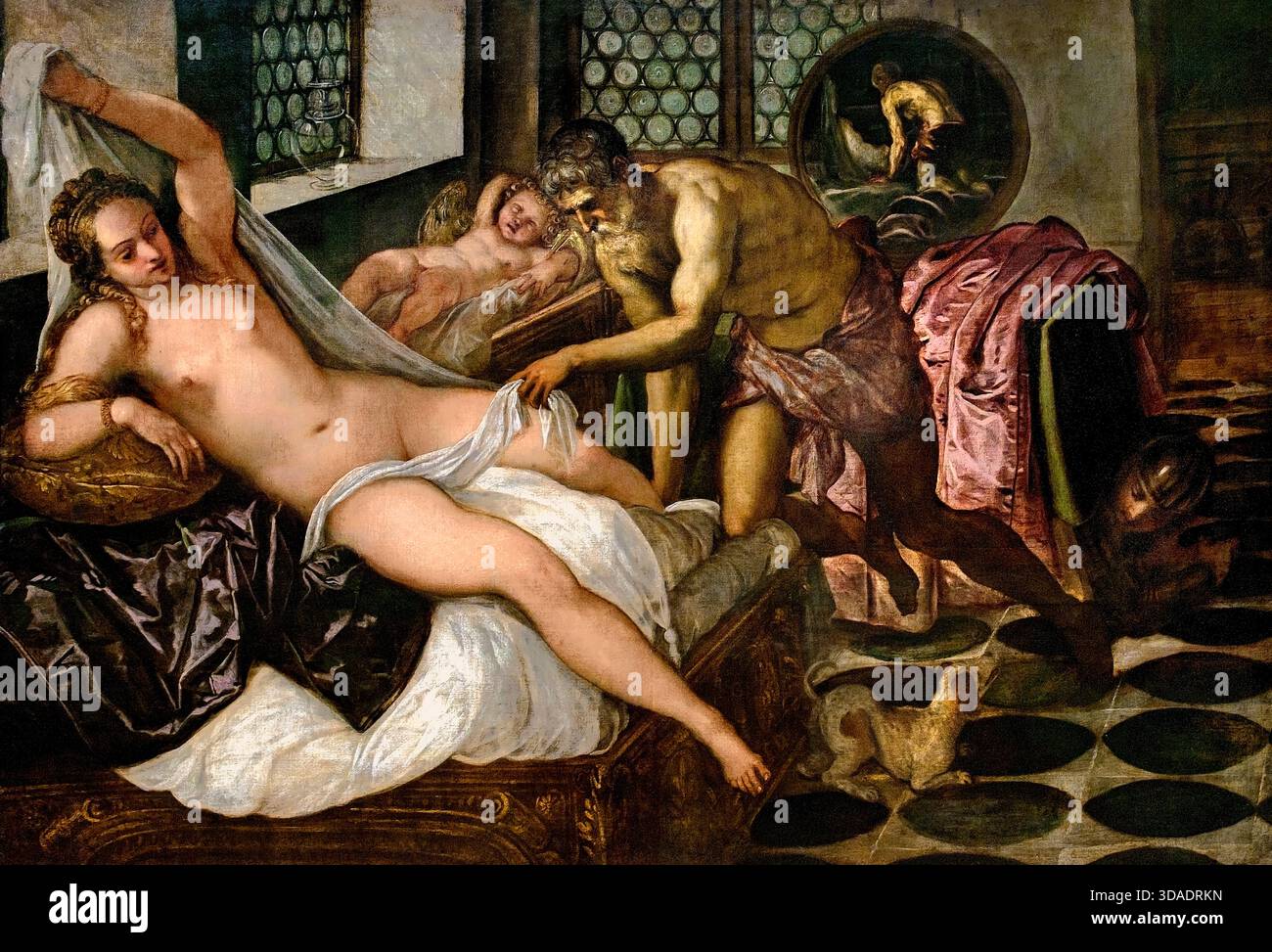 MARTE E VENERE SORPRESI DA VULCANO - Venere, Marte e Vulcano 1555 Tintoretto ( Jacopo Comin ) 1518 - 1594) pittore italiano scuola rinascimentale Italia Jacopo Tintoretto ( Tintoretto presenta un soggetto della mitologia classica come un burlesque o farsa rischiosa, una storia che lascia un retrogusto amaro. Informato della storia d'amore tra sua moglie Venere e Marte, il dio della guerra, Vulcano, il fabbro degli dei, zoppica dalla sua fucina, esaminando in modo insultante Venere per vedere se, come teme, l'adulterio è stato effettivamente commesso. Foto Stock