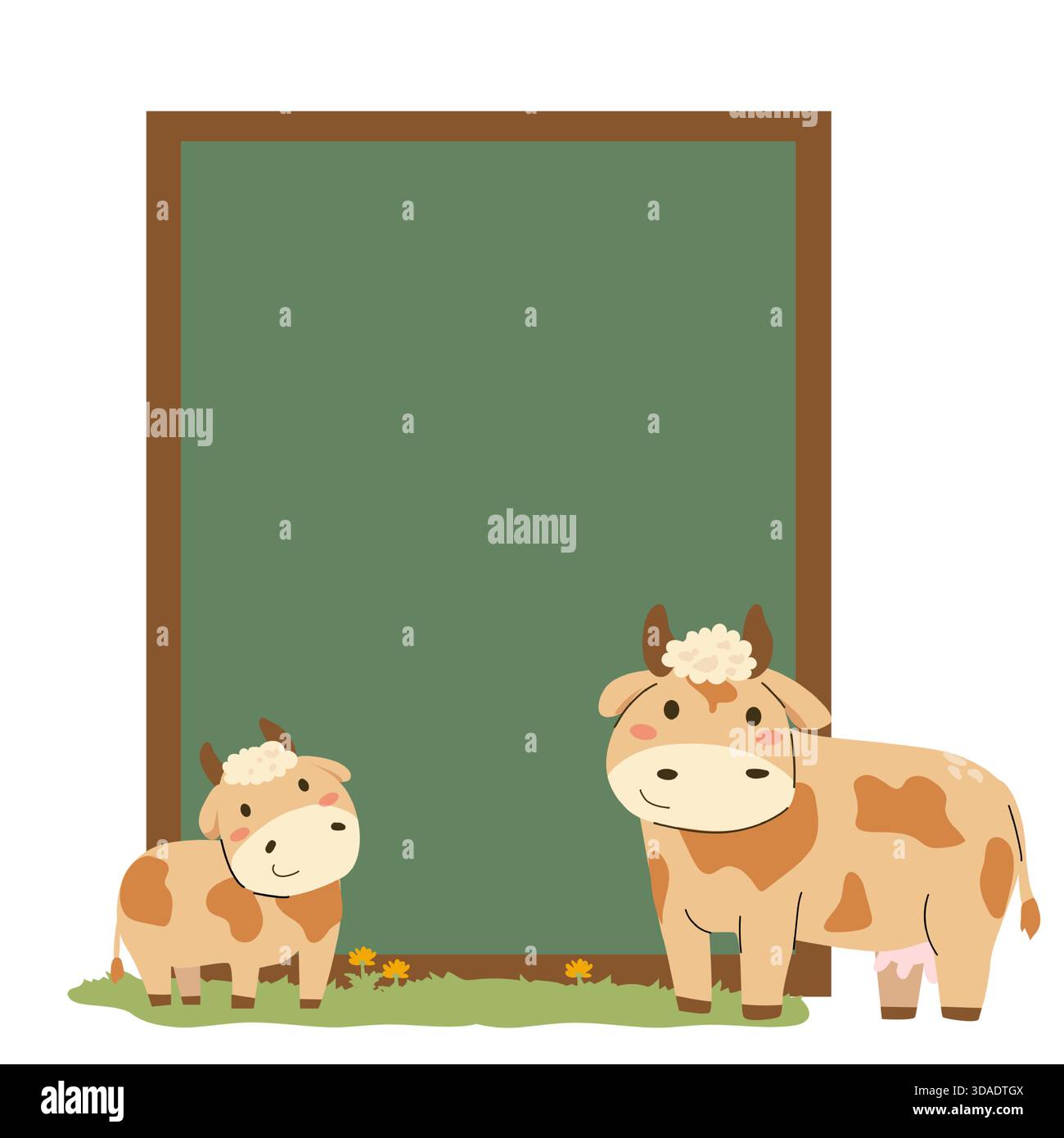 Modello di telaio per animali dell'azienda vettoriale isolato. Mucche da cartoni animati sul campo di erba con tavola verde. Illustrazione Vettoriale