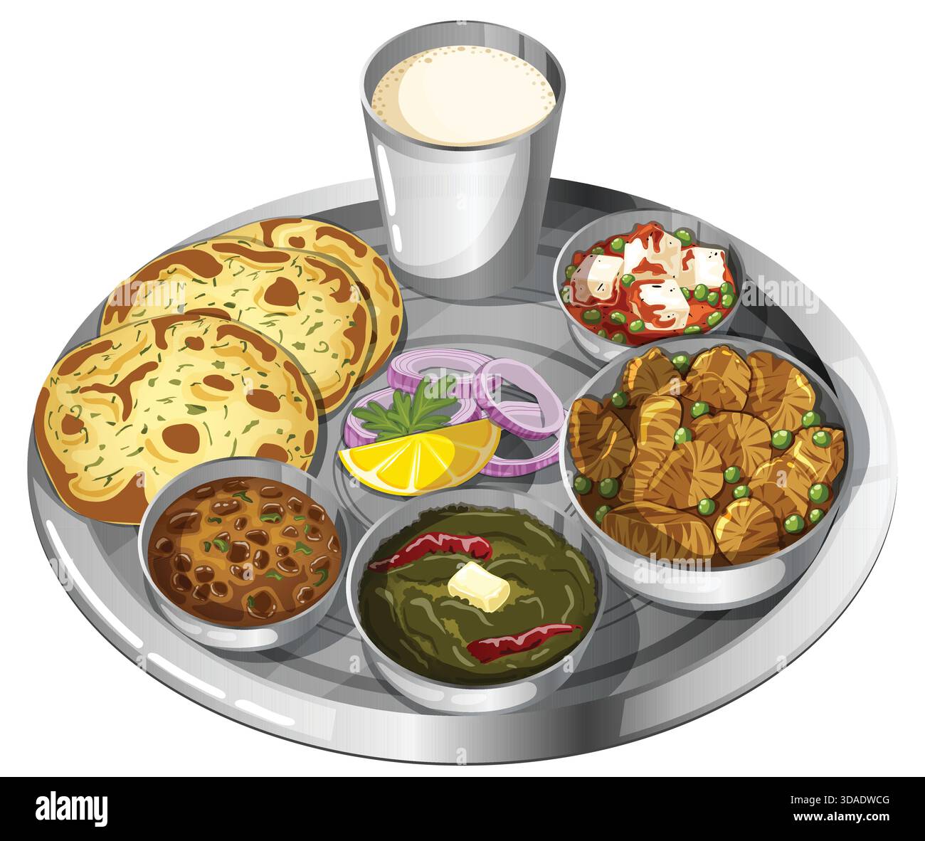 Autentico thali vegetariano punjabi con Makki Ki Roti, Sarson Ka Saag, dal, Soya Matar, Paneer Pea Curry e Buttermilk Lassi. Piatto di piatti indiani Illustrazione Vettoriale