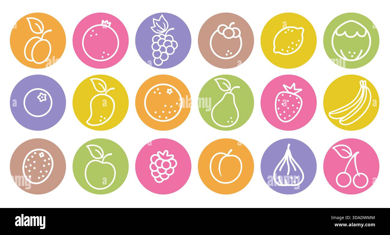 Set di icone vettoriali di frutta e frutti di bosco in stile piatto. Illustrazioni vettoriali di frutta e frutti di bosco. Frutta e bacche. Illustrazione Vettoriale
