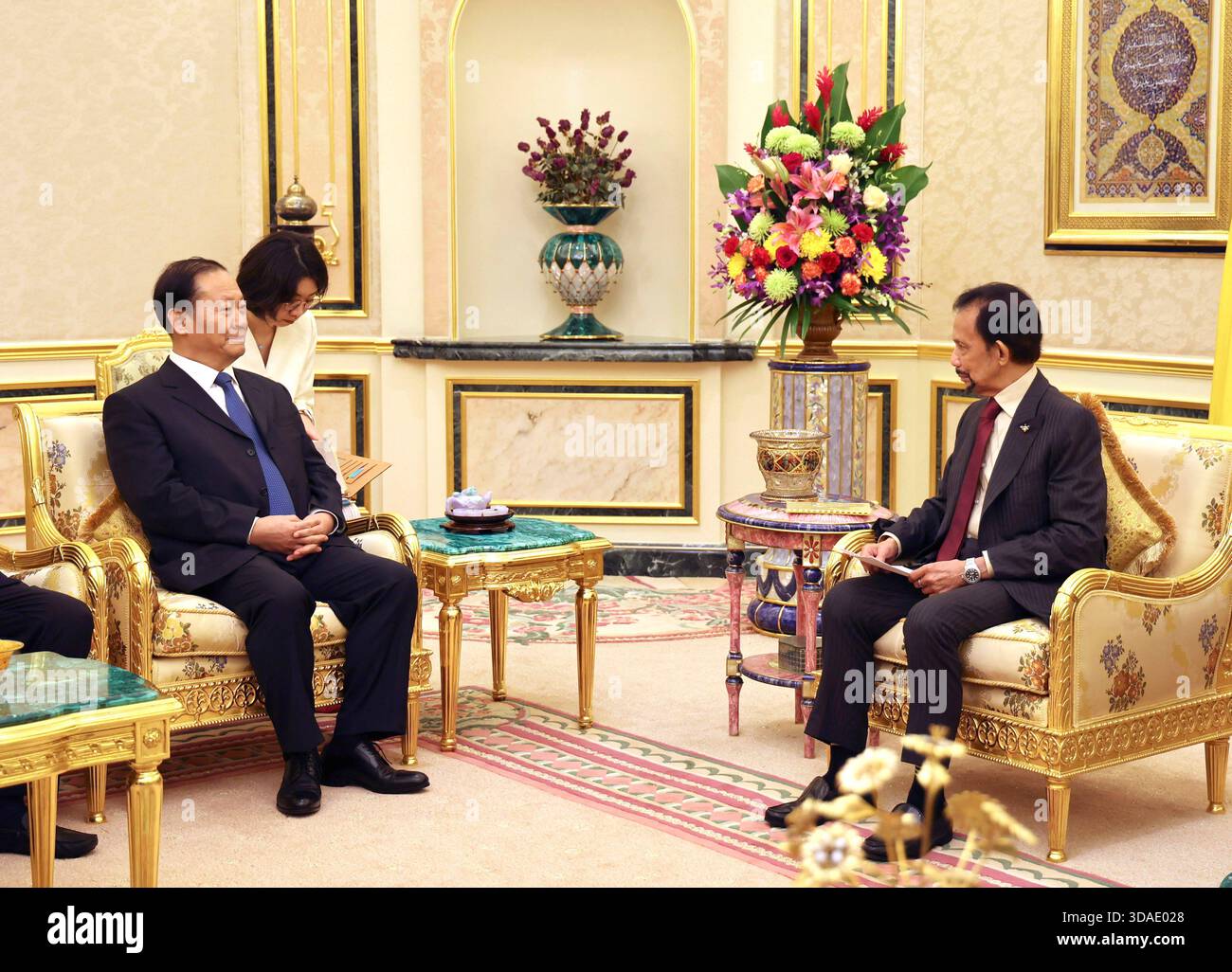 (251210) -- BANDAR SERI BEGAWAN, 10 dicembre 2025 (Xinhua) -- Peng Qinghua, vicepresidente del comitato permanente del Congresso nazionale del popolo cinese e presidente dell'Associazione popolare cinese per la pace e il disarmo, incontra il sultano del Brunei Haji Hassanal Bolkiah Mu'izzaddin Waddaulah a Bandar seri Begawan, Brunei, 9 dicembre 2025. Su invito del Consiglio legislativo del Brunei Darussalam, Peng ha guidato una delegazione cinese durante una visita in Brunei da martedì a mercoledì. Peng incontrò il sultano del Brunei Haji Hassanal Bolkiah Mu'izzaddin Waddaulah e Haji Abdul Rahman, S. Foto Stock