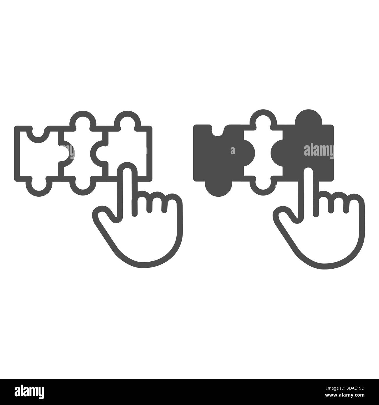 Puzzle e mano con riga indice e icona a tinta unita, concetto di individuazione della soluzione dei problemi, insegna di abilità del gioco del puzzle su sfondo bianco, contorno stile ico Illustrazione Vettoriale