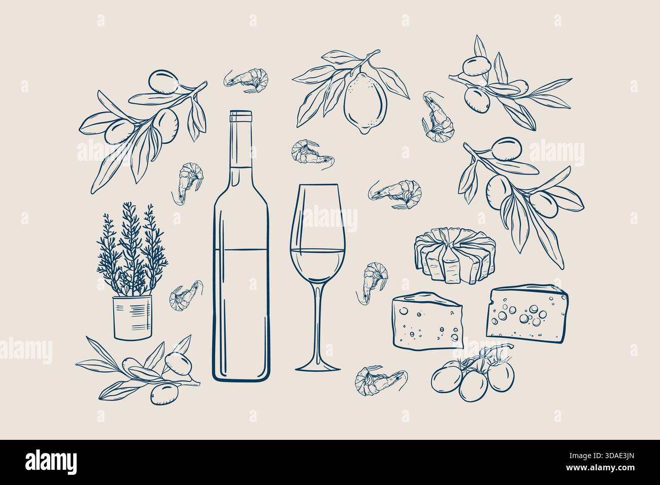 Vino o champagne e bicchiere, ​​different a fette di formaggio, gamberetti italiani in stile inchiostro disegnato a mano Illustrazione Vettoriale