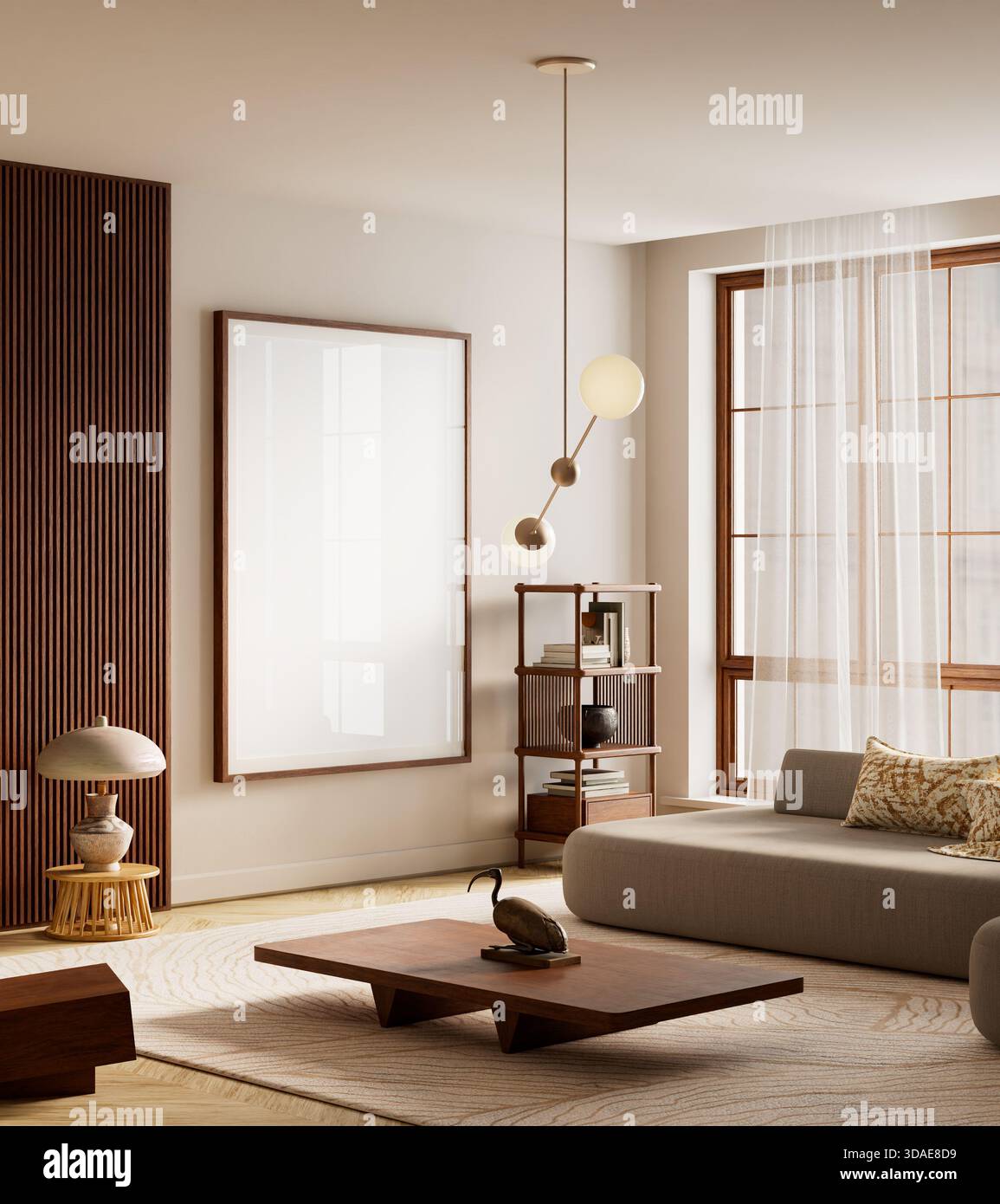 Interni in caldo mock-up con texture morbide, forme moderne e pulite, elementi in legno e un flusso di luce soffusa per ottenere un equilibrio, una serenità e una visuale Foto Stock