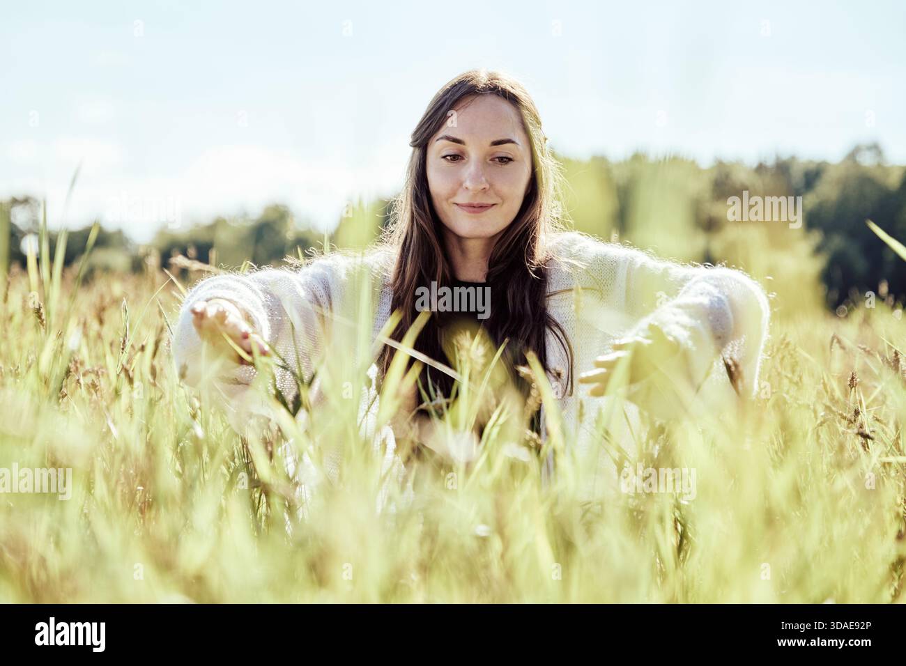 Giovane donna con lunghi capelli marroni si trova in un campo di segale luminoso sotto il cielo limpido, circondata da grano dorato e alberi lontani. Atmosfera tranquilla Foto Stock