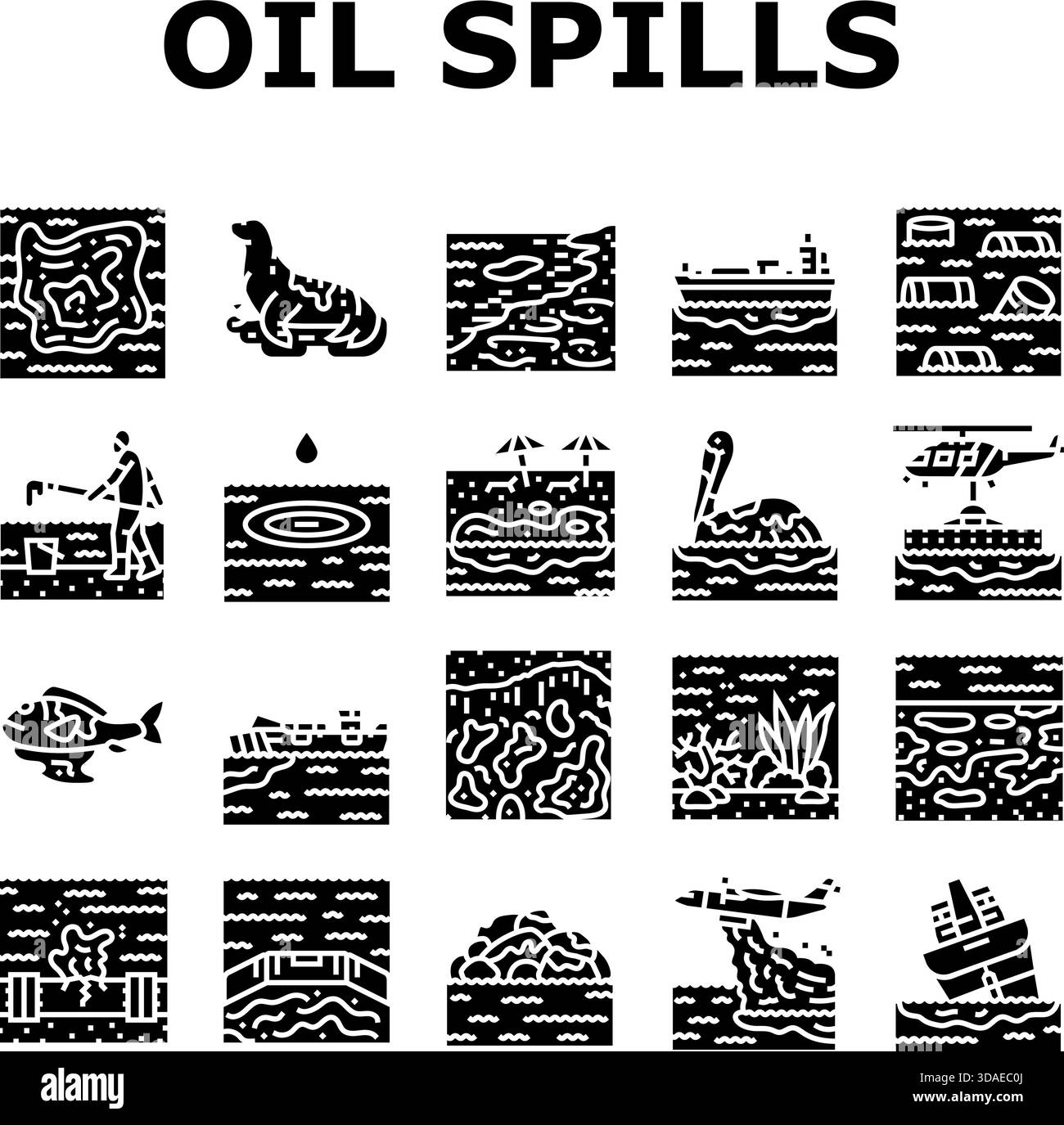 le icone di pulizia dell'inquinamento delle fuoriuscite di olio impostano il vettore Illustrazione Vettoriale