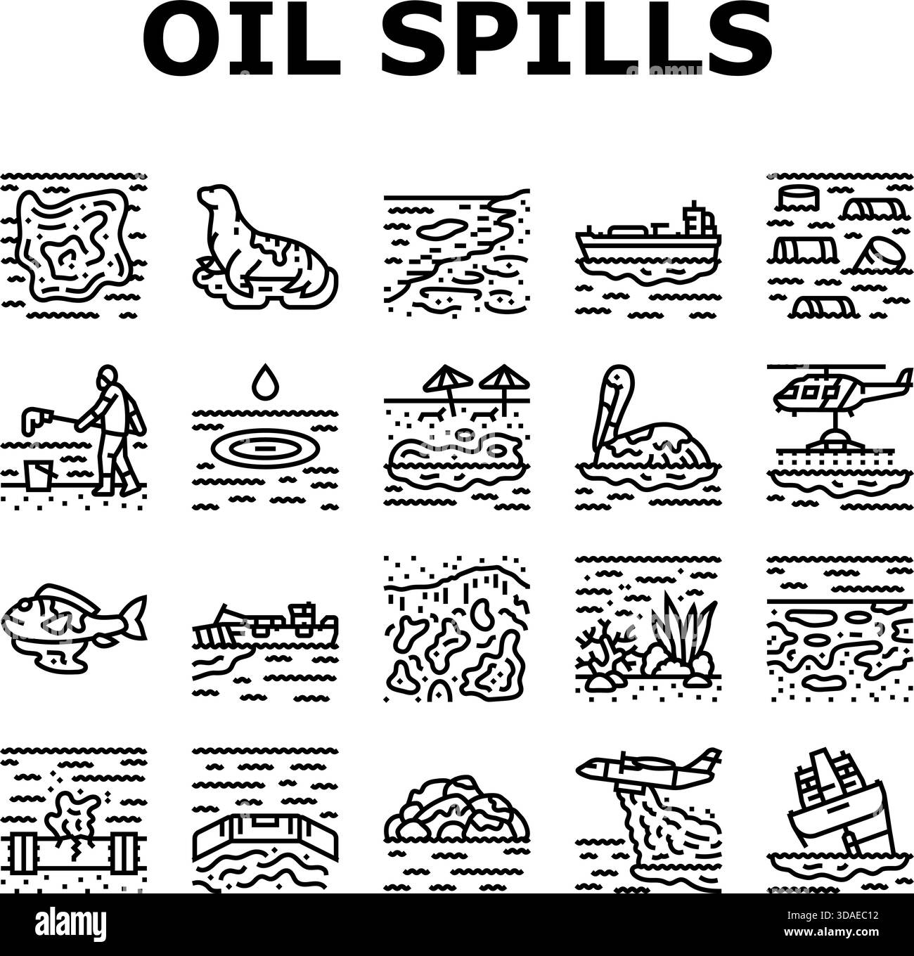 le icone di pulizia dell'inquinamento delle fuoriuscite di olio impostano il vettore Illustrazione Vettoriale