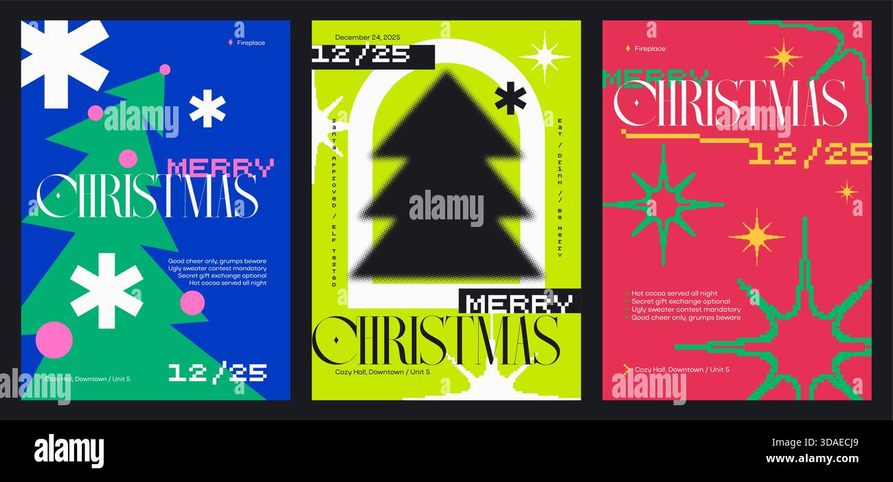 Moderni poster natalizi in stile minimal retro pixel con un'audace tipografia. Elegante stile anti-design. Perfetto per stampe natalizie e social media. Pronto per la stampa grafica vettoriale EPS10. Illustrazione Vettoriale