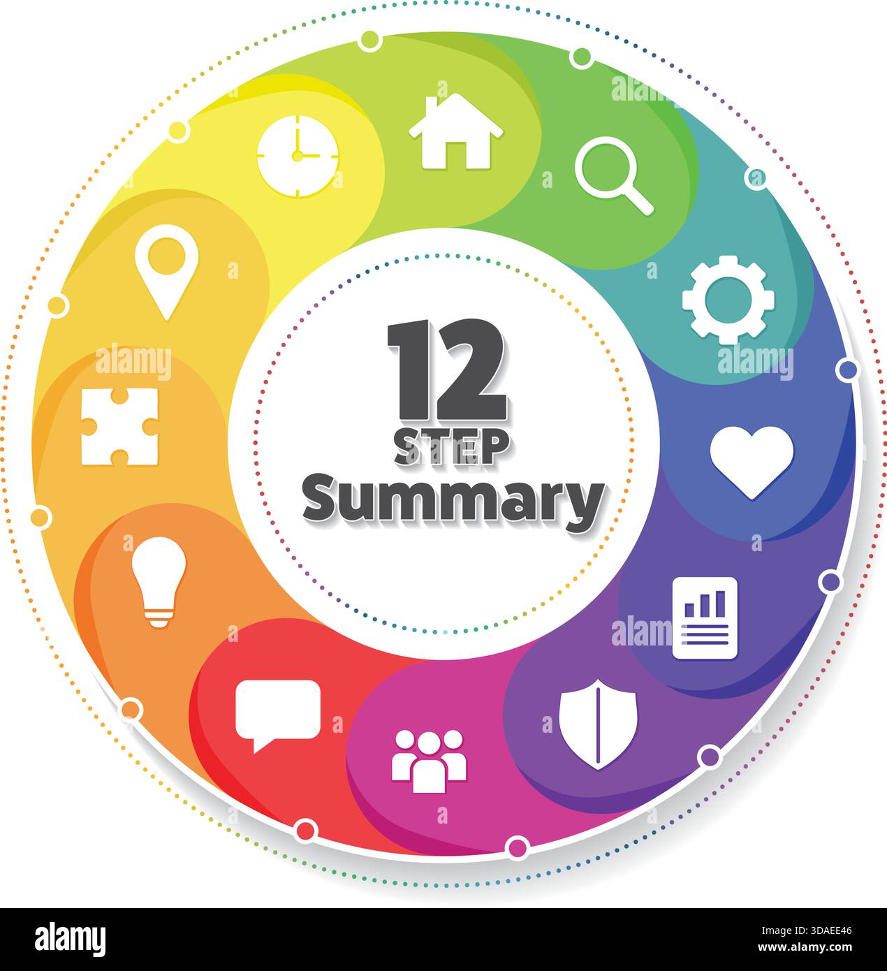 Infografica circolare con 12 sezioni. Diagramma rotondo con icone generiche bianche. Ruota dei colori brillante o tema arcobaleno. Infografica su un grafico a torta moderno Illustrazione Vettoriale
