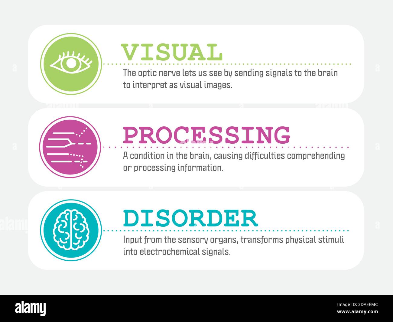 Disturbo dell'elaborazione visiva, VPD breve. Un disturbo dell'apprendimento se il cervello non riesce a elaborare correttamente ciò che vedi. Grafico delle informazioni vettoriali con descrittivo Illustrazione Vettoriale