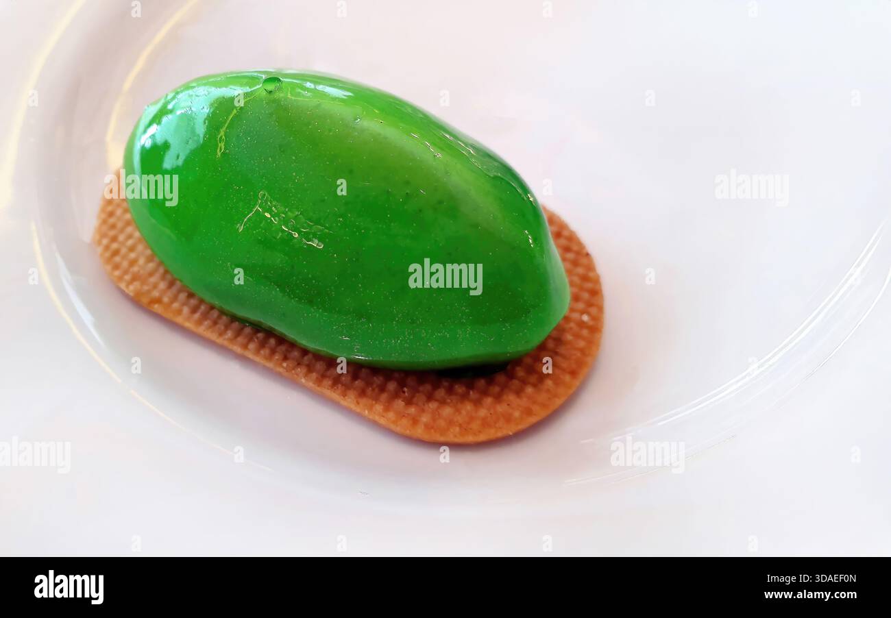 Vista ravvicinata ad angolo alto di un'elegante mousse verde con finitura lucida a specchio. Il dessert a forma ovale poggia su un croccante biscotto testurizzato Foto Stock