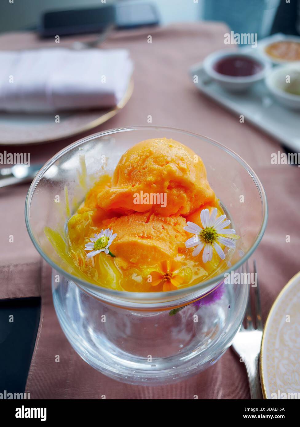 Sorbetto rinfrescante al mango o alla frutta della passione servito in una ciotola di vetro a doppio strato. Il dessert congelato giallo brillante è splendidamente guarnito con un piccolo W Foto Stock