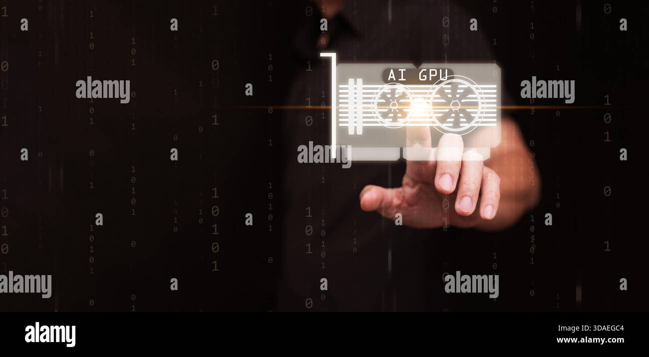 Tocca con mano l'icona della GPU IA illuminata con sfondo del codice binario. Processore di potenza di elaborazione avanzata, tecnologia di visualizzazione dell'intelligenza artificiale, potenza grafica Foto Stock