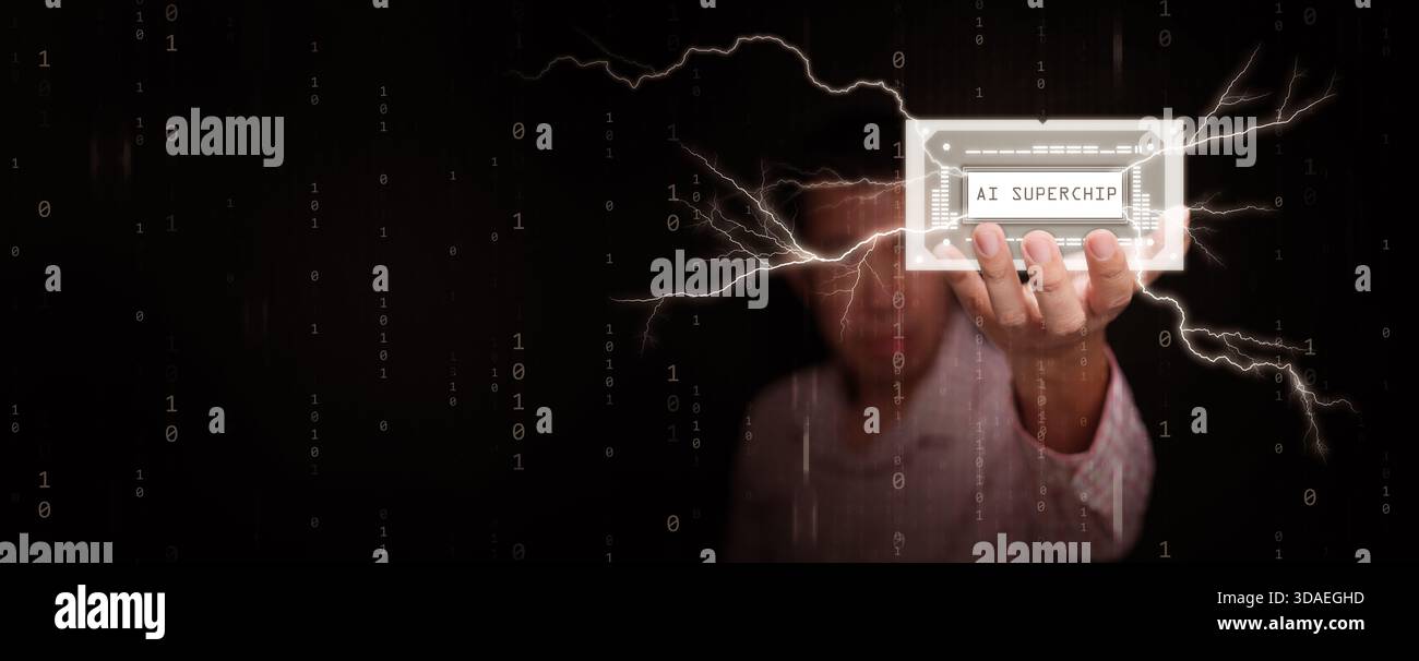 Superchip di INTELLIGENZA ARTIFICIALE tenuto avanti da un uomo con energia elettrica e codice binario fluttuante, computing avanzato per intelligenza artificiale su larga scala e processi ad alte prestazioni Foto Stock