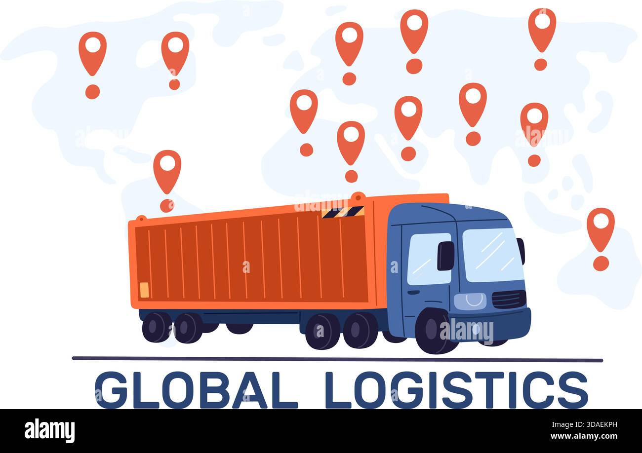 Camion di grandi dimensioni che trasportano container marittimi sullo sfondo di una mappa del mondo di grandi dimensioni. Monitoraggio logistico globale. Pin posizione navigazione. Trasporto merci Illustrazione Vettoriale